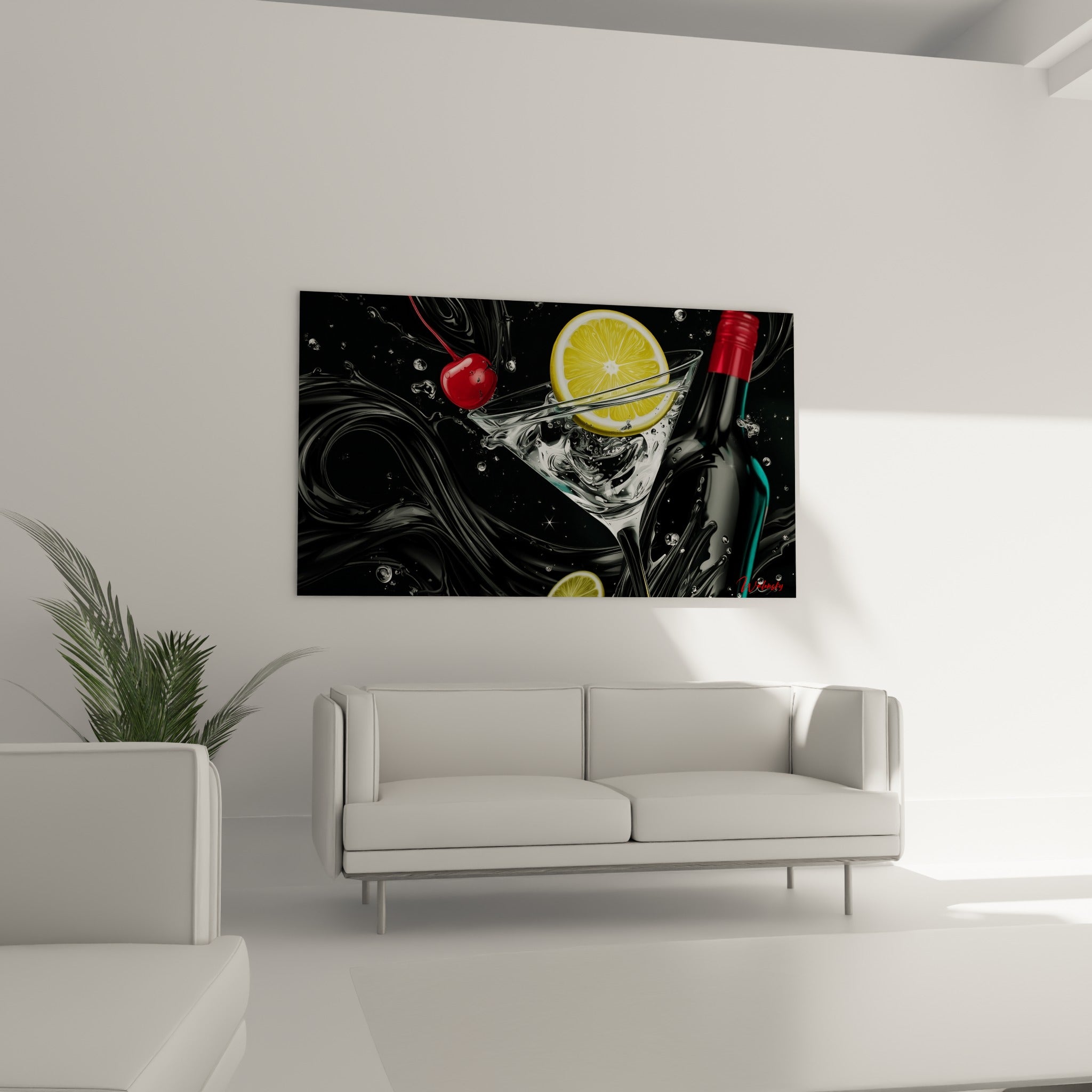 Martini graphique noir anthracite et jaune citron au-dessus d'un canapé dans un salon lumineux