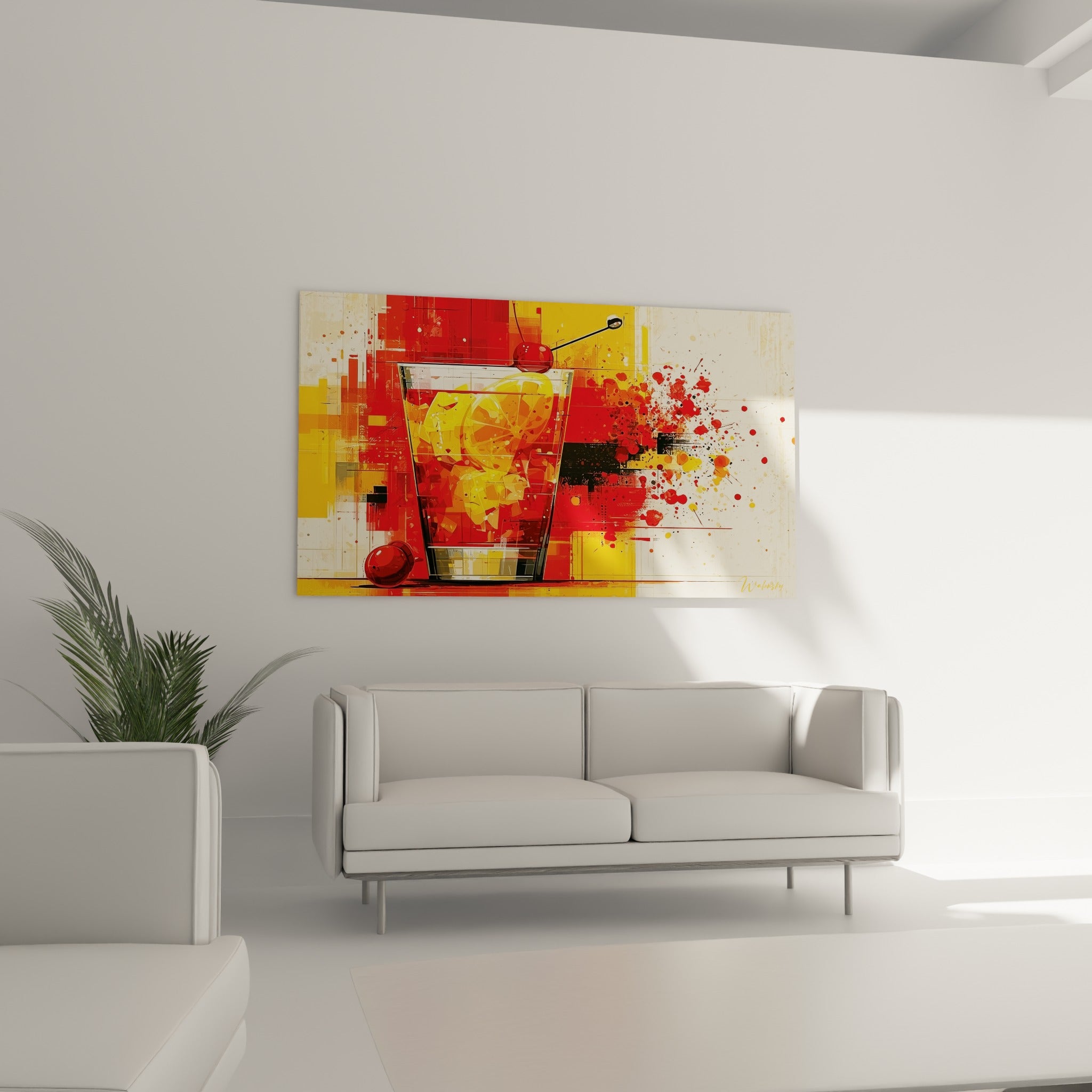 Composition cocktail orangée et rouge vif au-dessus d'un canapé dans un salon lumineux