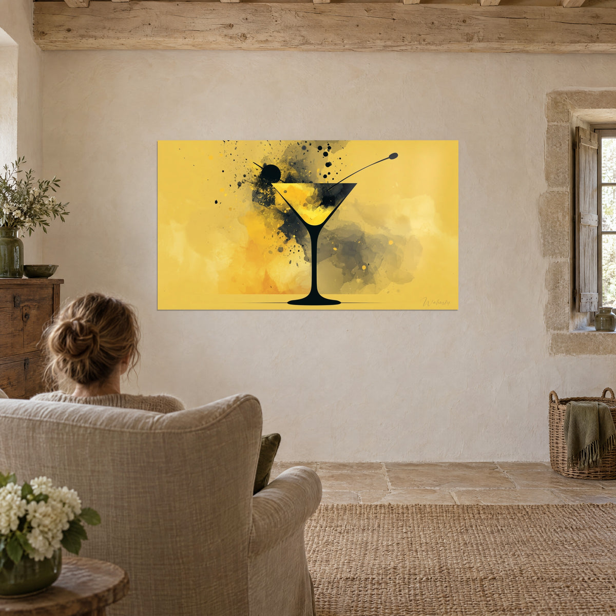 Wall art triangular, black with olive on a pick, lemon yellow background with grey shades, woman seen from behind seated in a linen armchair