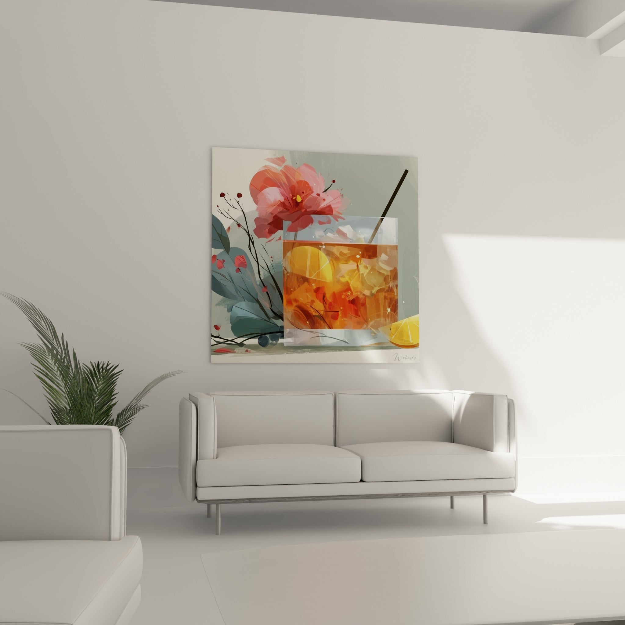 Composition florale rose et verre cuivré scintillant, au-dessus d'un canapé dans un salon lumineux