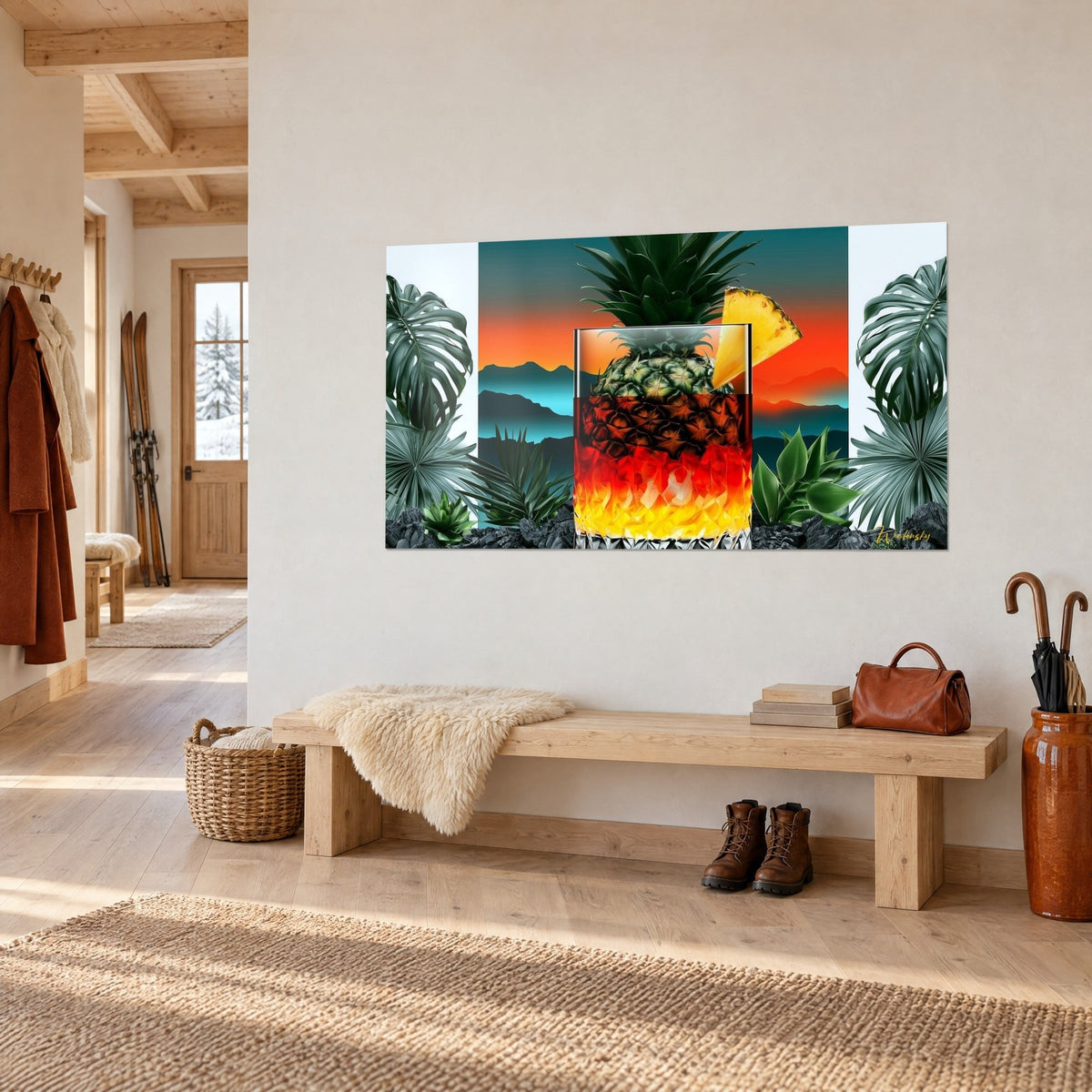Cuadro piña colocada en un vaso tallado, degradado rojo y amarillo flamante, montañas azul petróleo, colgado en un recibidor de madera clara