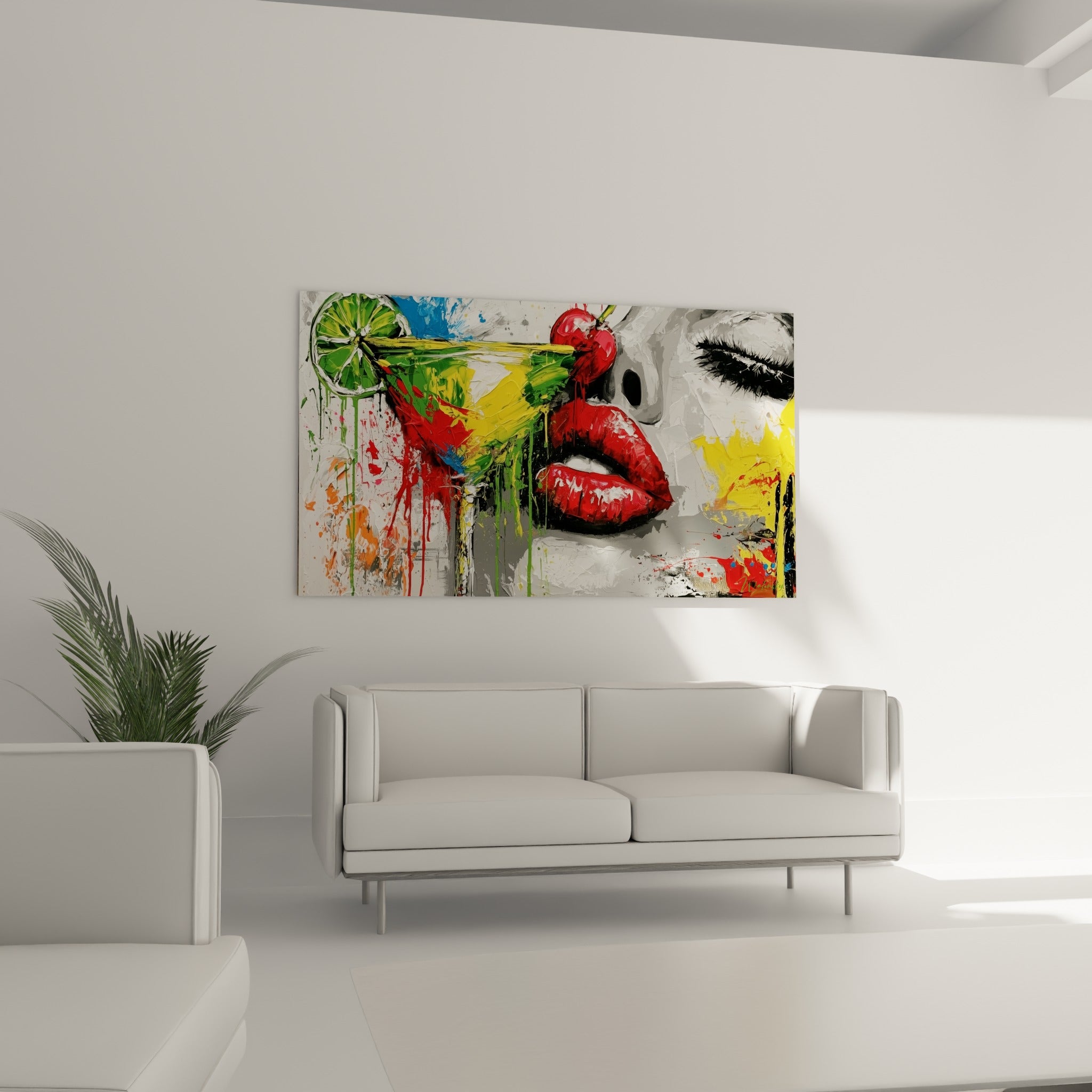 Bouche rouge vif et citron vert éclaboussé de peinture jaune au-dessus d'un canapé dans un salon lumineux
