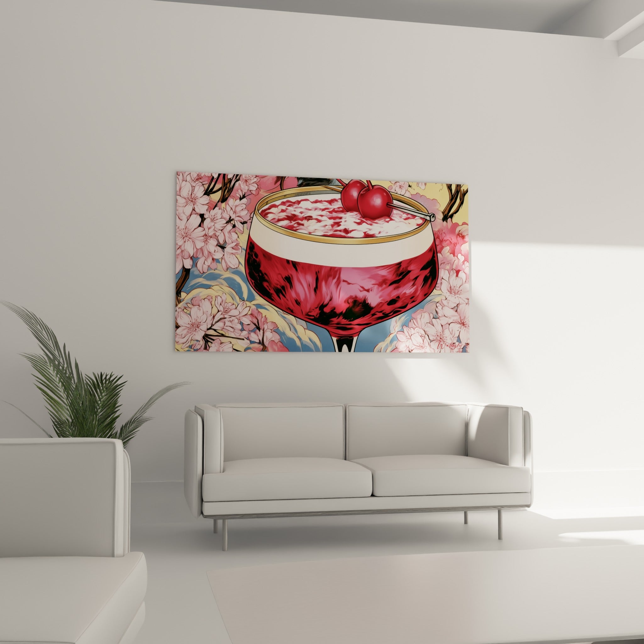 Verre bombé garni de cerises rouges parmi des pétales roses, au-dessus d'un canapé dans un salon lumineux