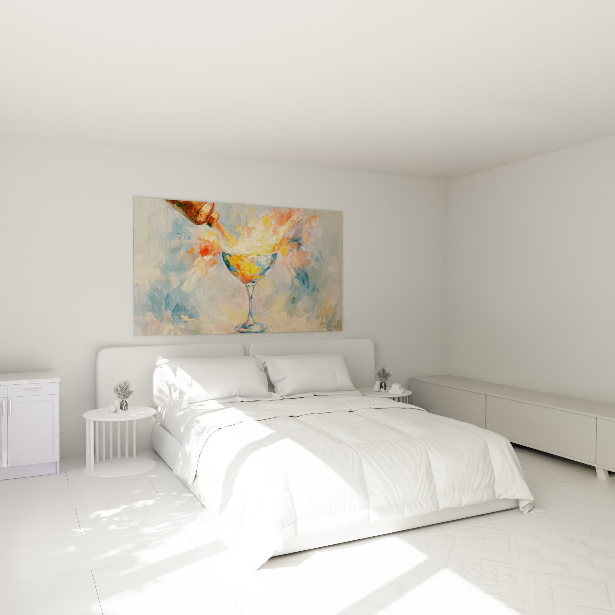 Éclaboussure de cocktail orange et bleu peinte au-dessus d'un lit dans une chambre claire