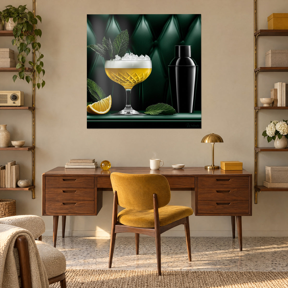 Schilderij van een amberkleurige champagneschaal gegarneerd met munt, een gele citroenschijf en zwarte shaker op een donkergroene achtergrond, boven een houten bureau