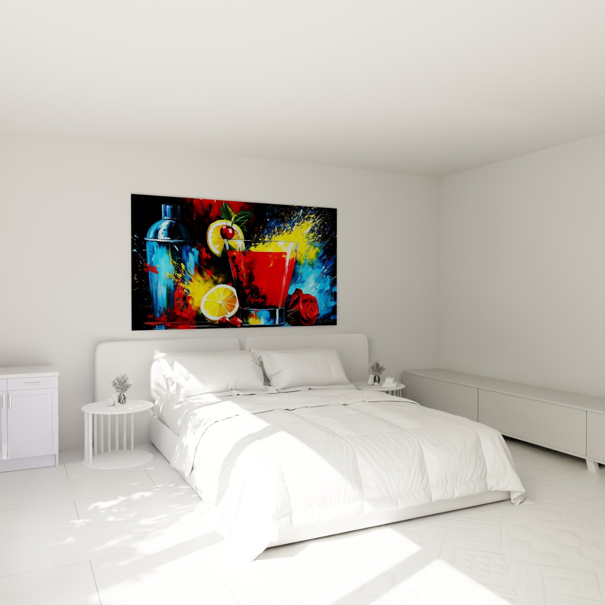 Cocktail rouge vif et citrons jaunes peints au-dessus d'un lit dans une chambre claire