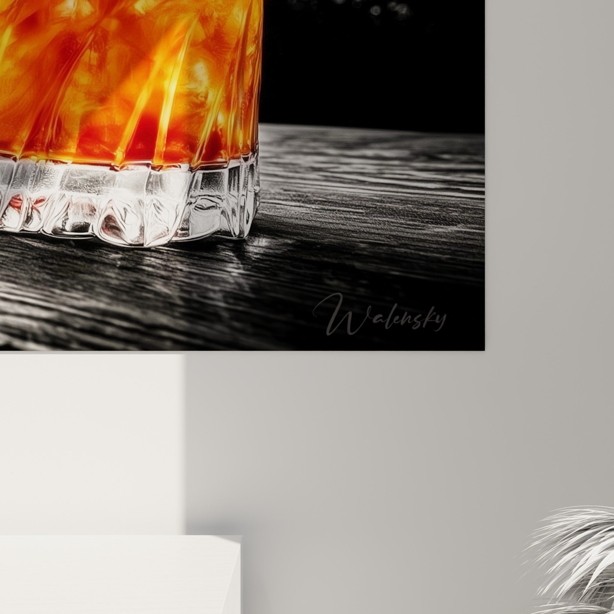 Grain de l'impression révélant les reflets orange et les nuances de gris du liquide givré