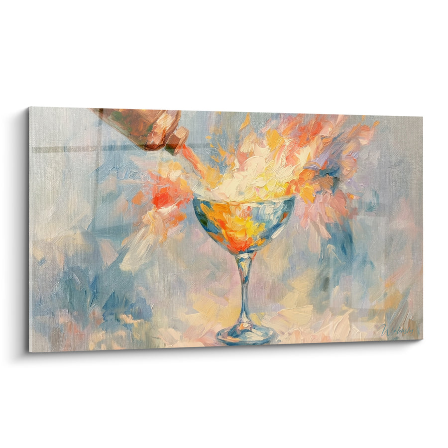 Tableau Coupe bleue et orange à l'éclaboussure lumineuse - Bouteille versant le mélange - Edition Cocktail