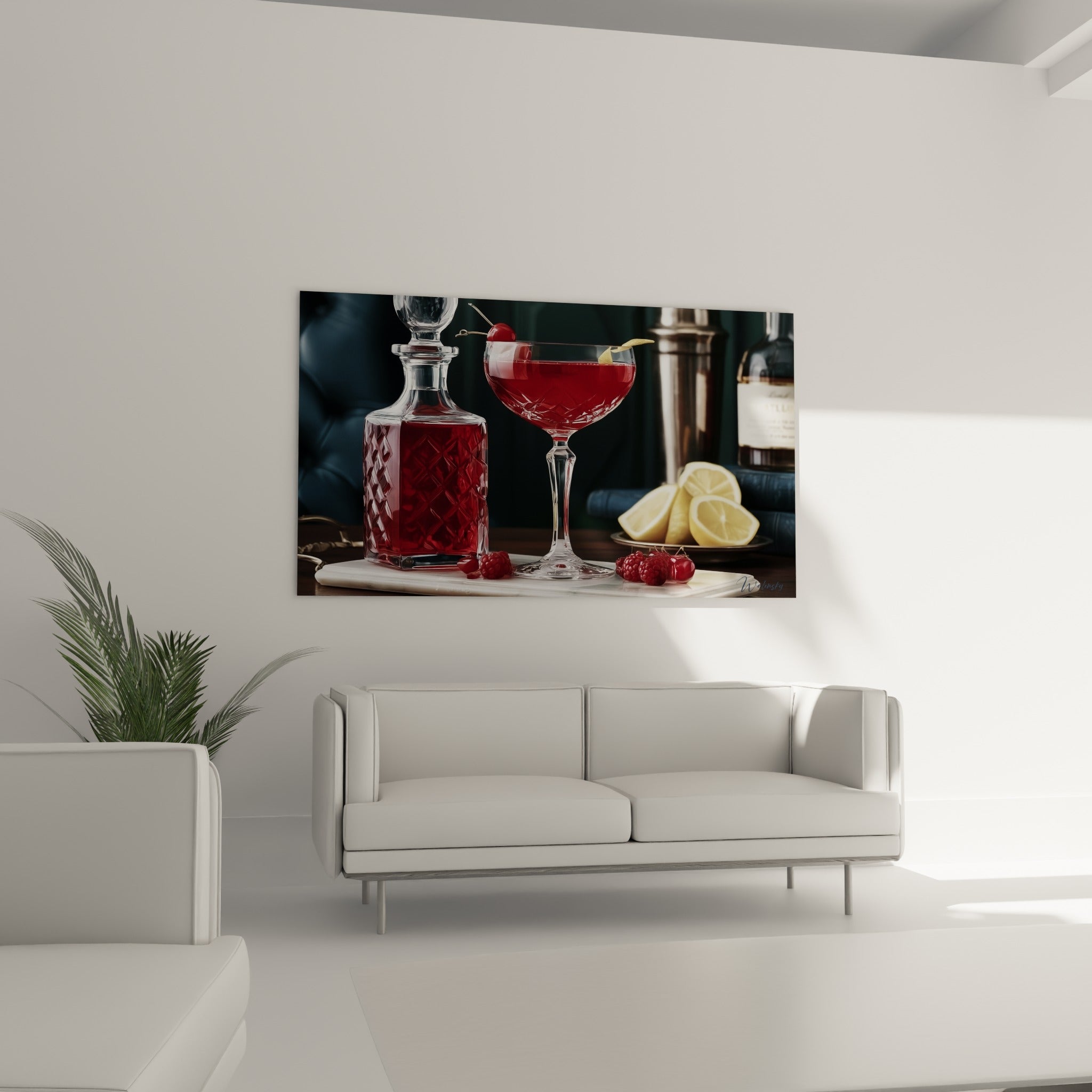 Verre de cocktail grenat garni d'une cerise, accompagné de citrons dorés, au-dessus d'un canapé dans un salon lumineux