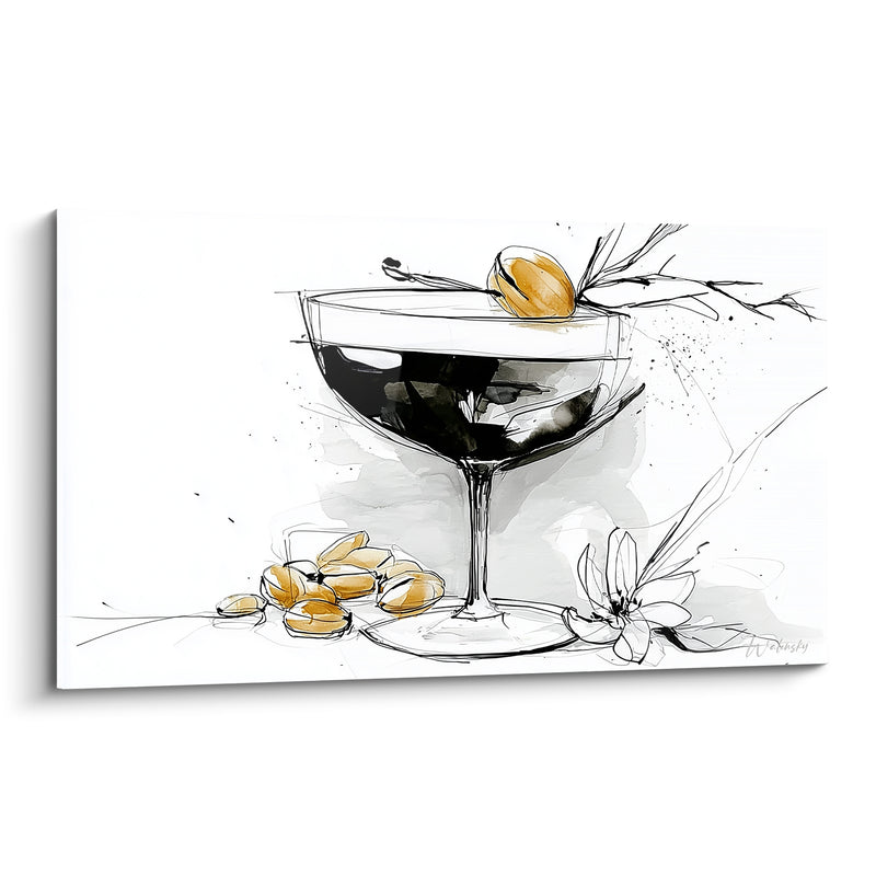 Tableau Coupe noire et dorée aux amandes croquées - Esquisse florale au trait - Edition Cocktail