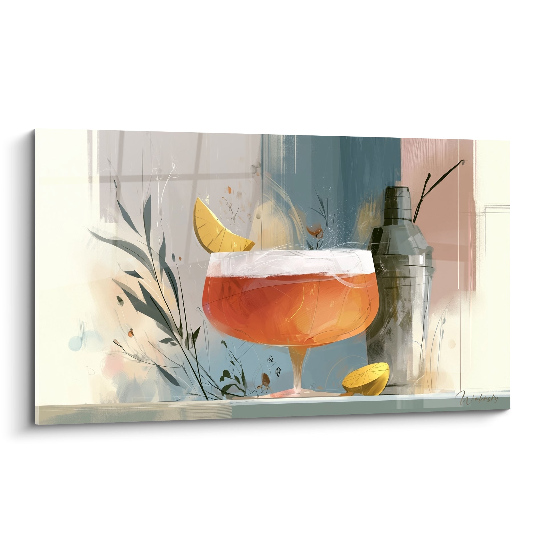 Coupe cocktail orange et citron doré peinte en touches bleu grisé et rose pâle