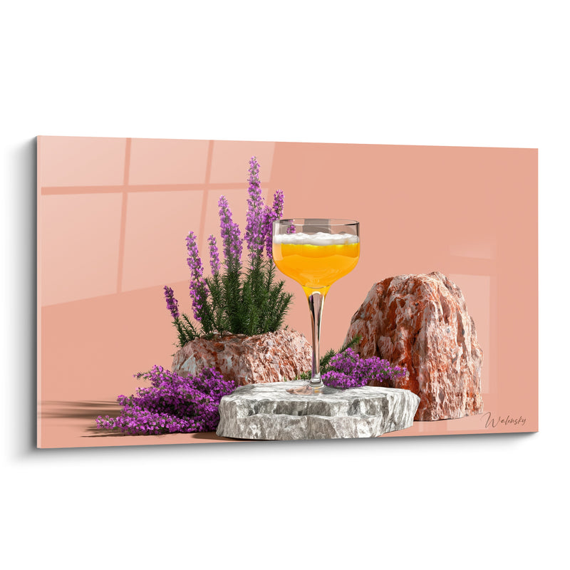 Tableau Coupe jaune et rose entre roches minérales - Bruyère mauve et rochers - Edition Cocktail