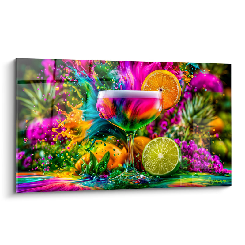 Tableau Coupe rose et turquoise au citron vert entier - Explosion de couleurs tropicales - Edition Cocktail