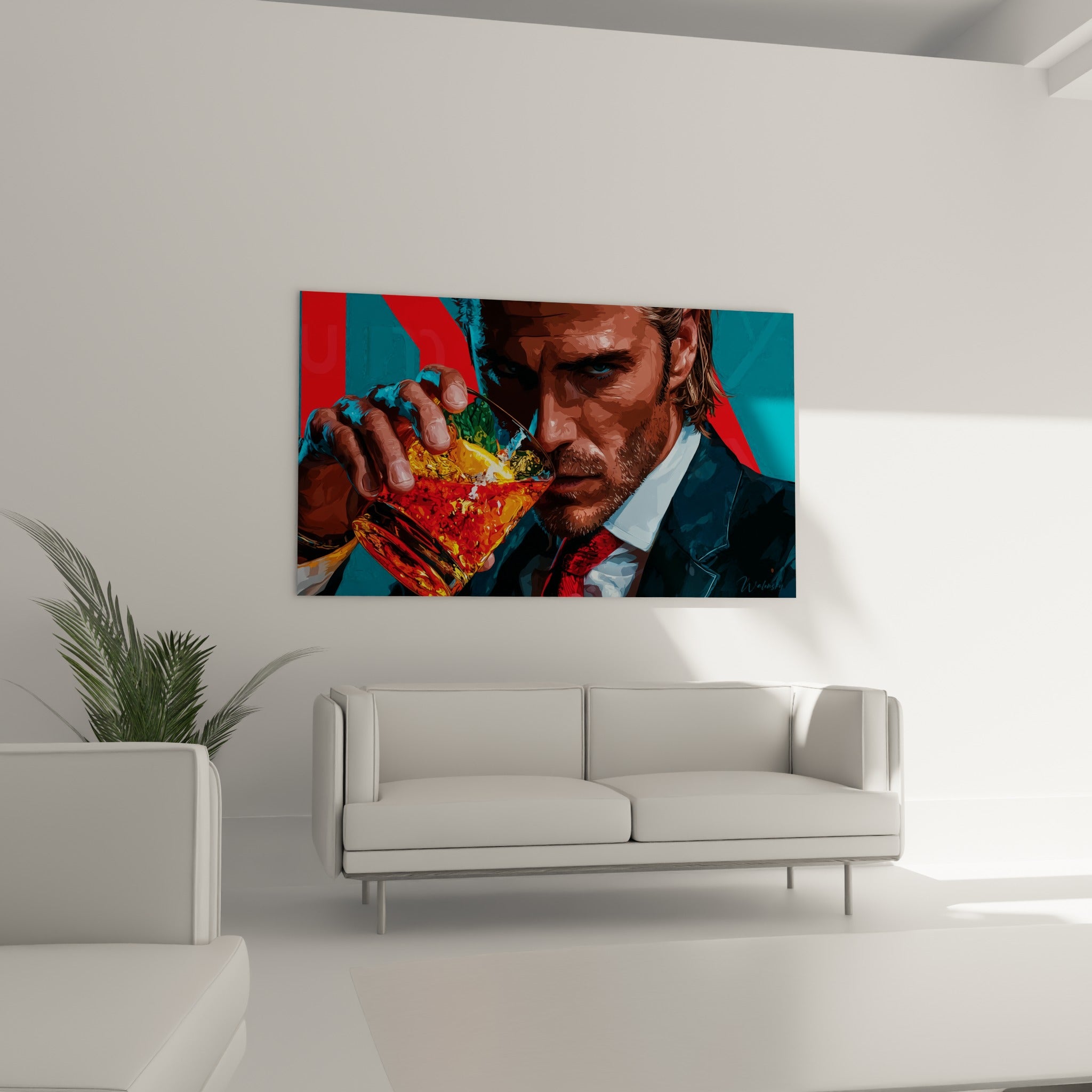 Verre doré et cravate rouge d'un personnage énigmatique au-dessus d'un canapé dans un salon lumineux