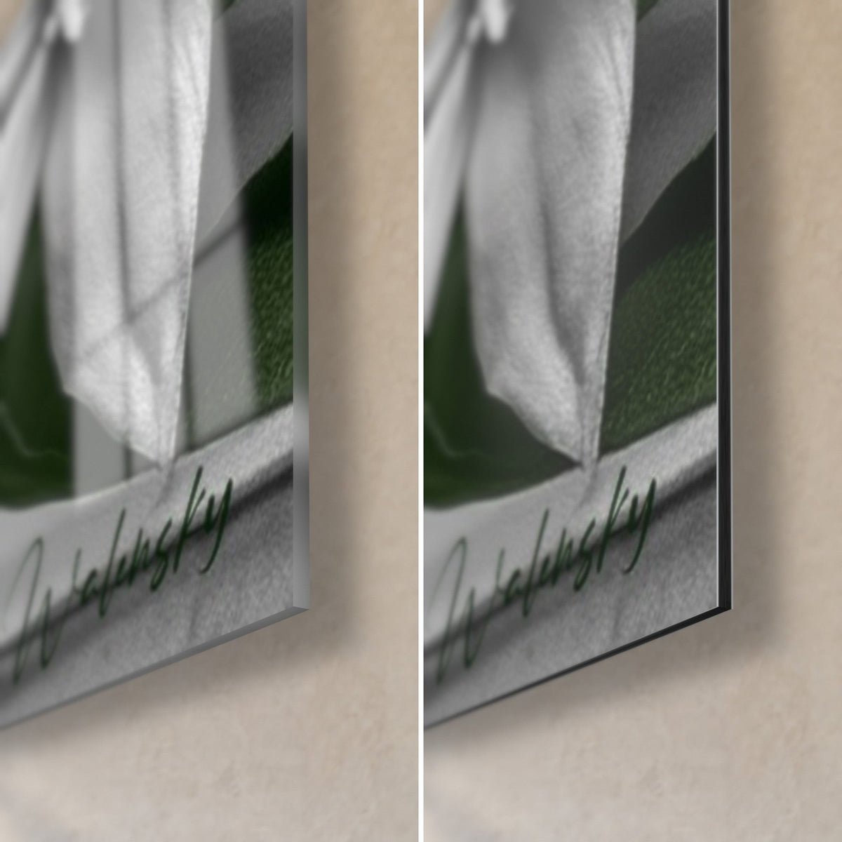 Tableau coupe en cocktail vert pomme, coin bas droit : verre brillant à gauche, Dibond gris mat à droite, tranche de 3 mm