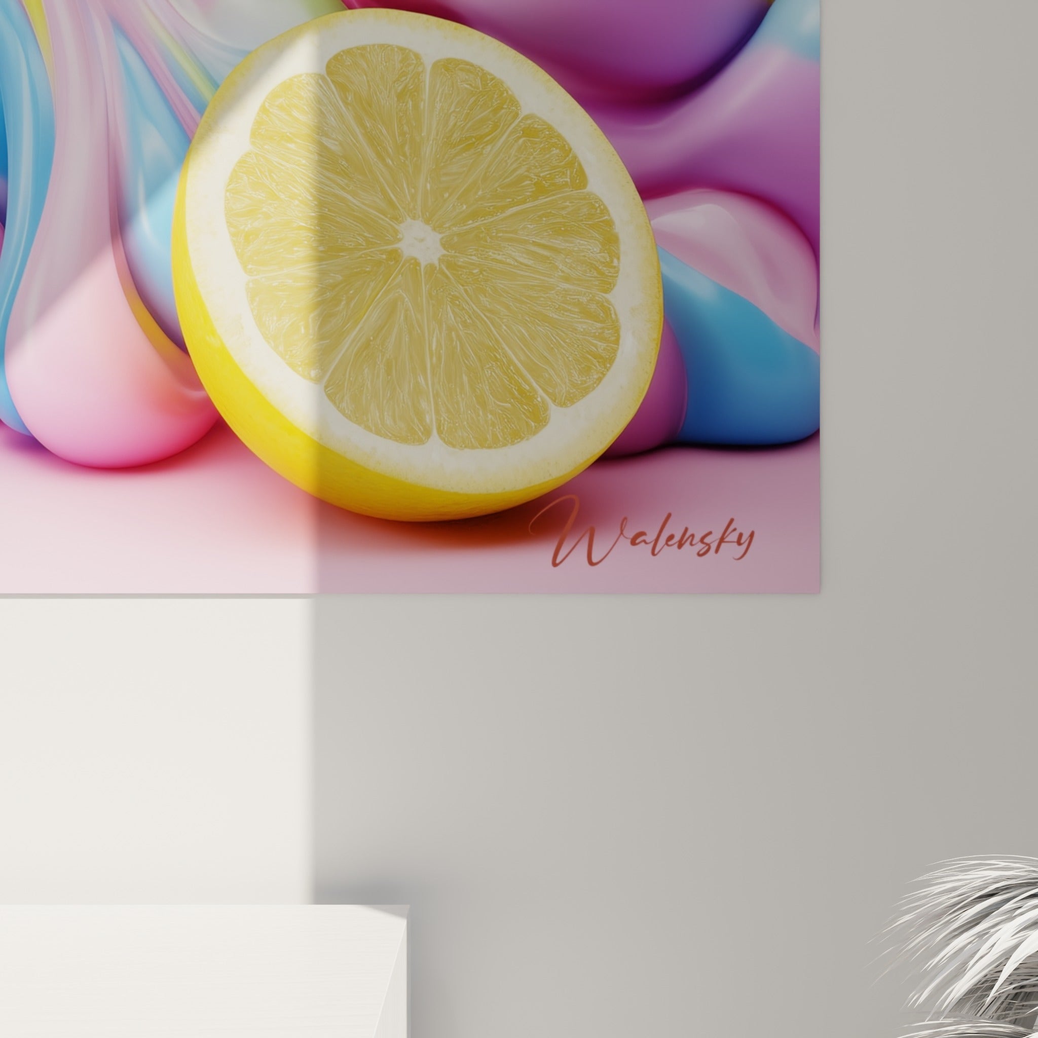 Détail des vagues fluides bleu pastel et jaune citron avec grain de sucre scintillant sur le verre
