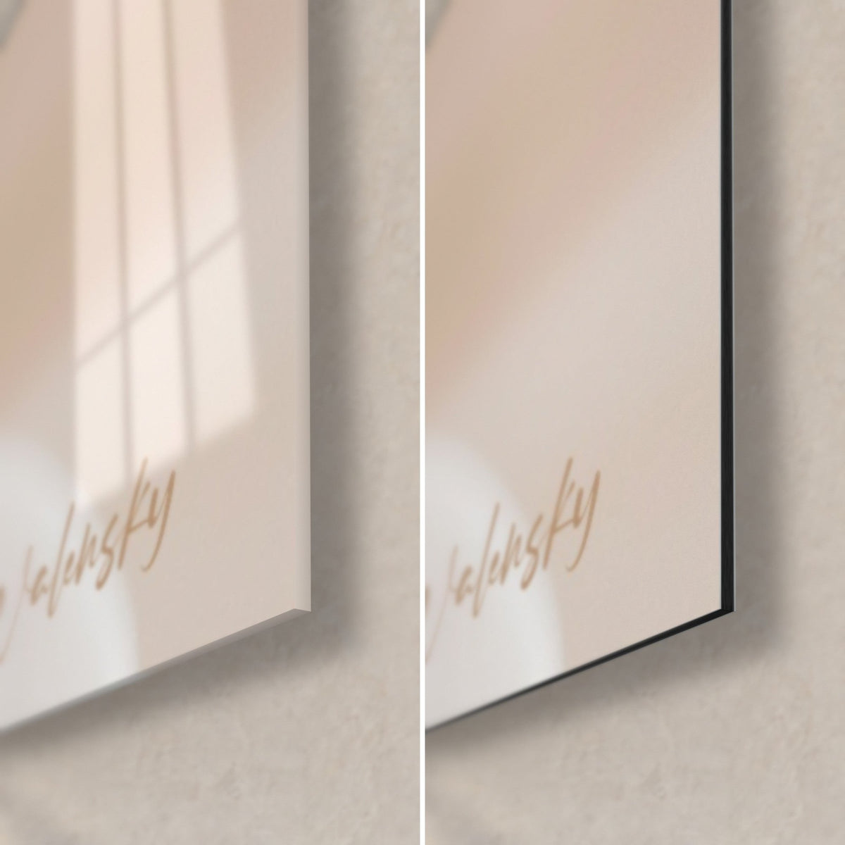 Schilderij rosé drankje en zwevend poeder, rechtsonder: glanzend acrylglas links, mat zwart Dibond rechts, rand van 3 mm