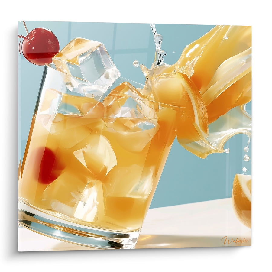 Glas-Gemälde Bernstein mit herabfallenden Eiswürfeln - Sommerlicher Spritzer - Cocktail-Edition