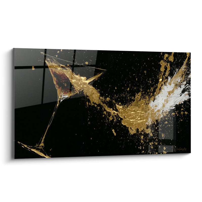 Tableau Verre à martini doré et noir renversé - Éclaboussure explosive dorée - Edition Cocktail