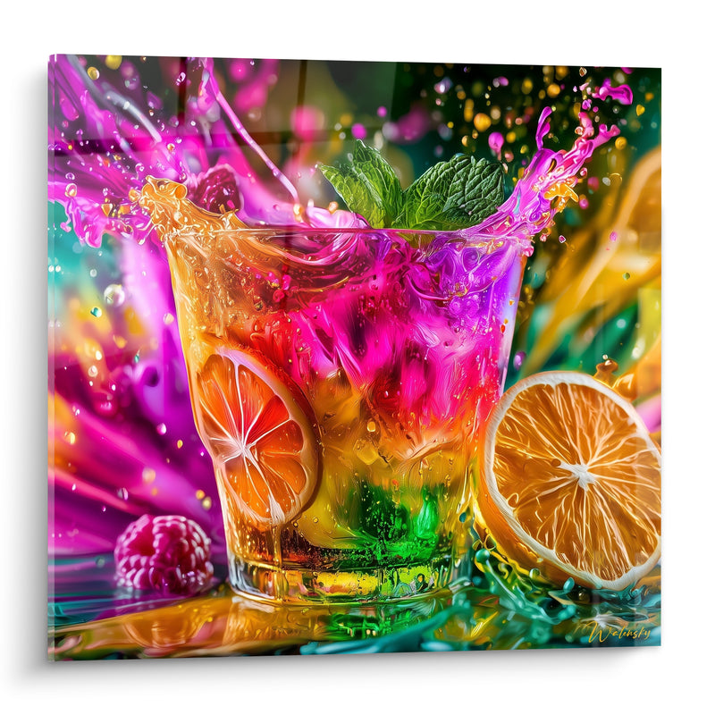 Tableau Cocktail verre rose et orange éclaboussant - Éclaboussure de fête - Edition Cocktail
