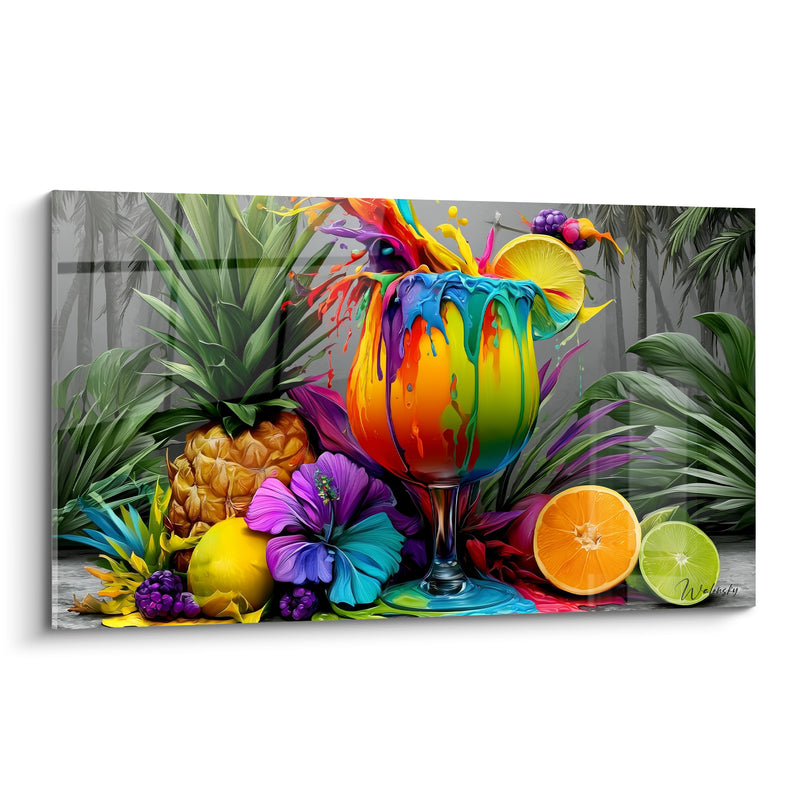 Tableau Verre multicolore aux coulures orange et turquoise entre fruits - Ananas et hibiscus mauve - Edition Cocktail