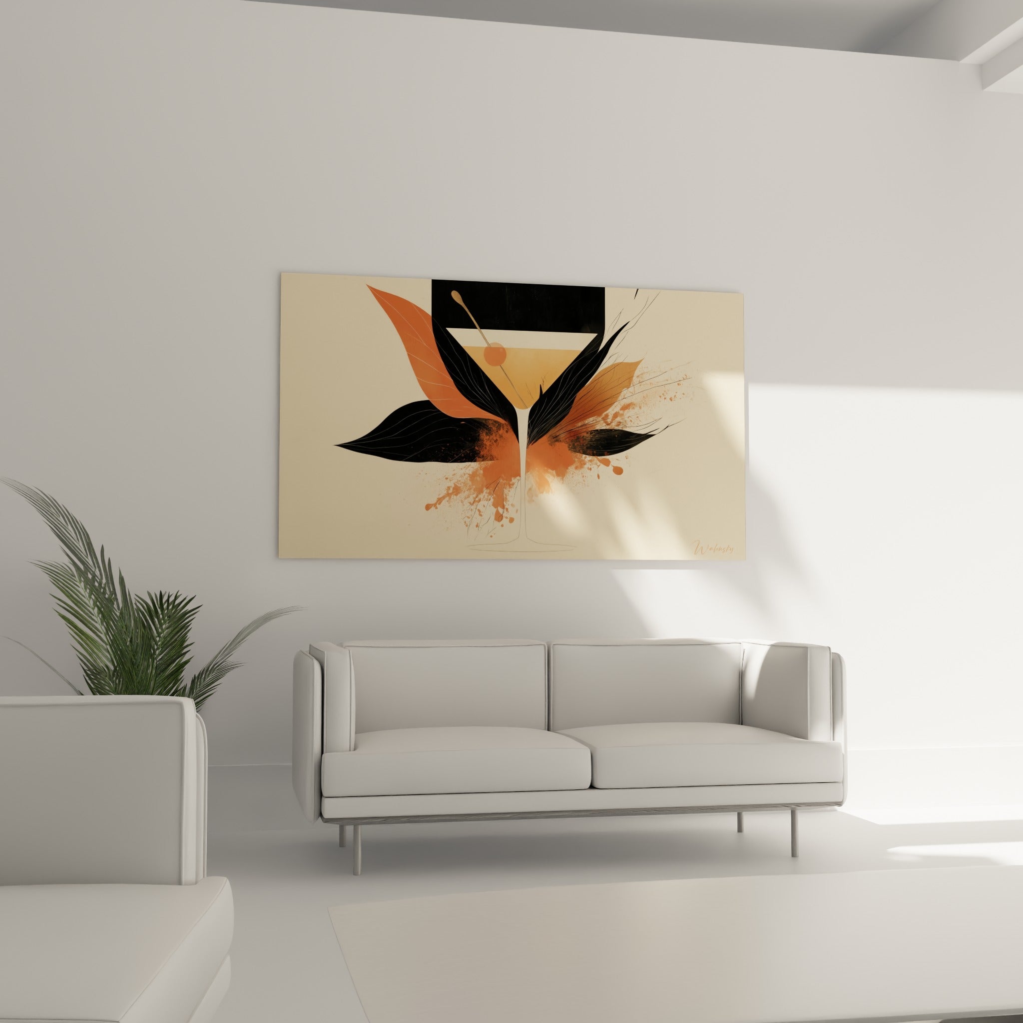 Composition graphique du verre orange et noir aux éclaboussures terracotta au-dessus d'un canapé dans un salon lumineux