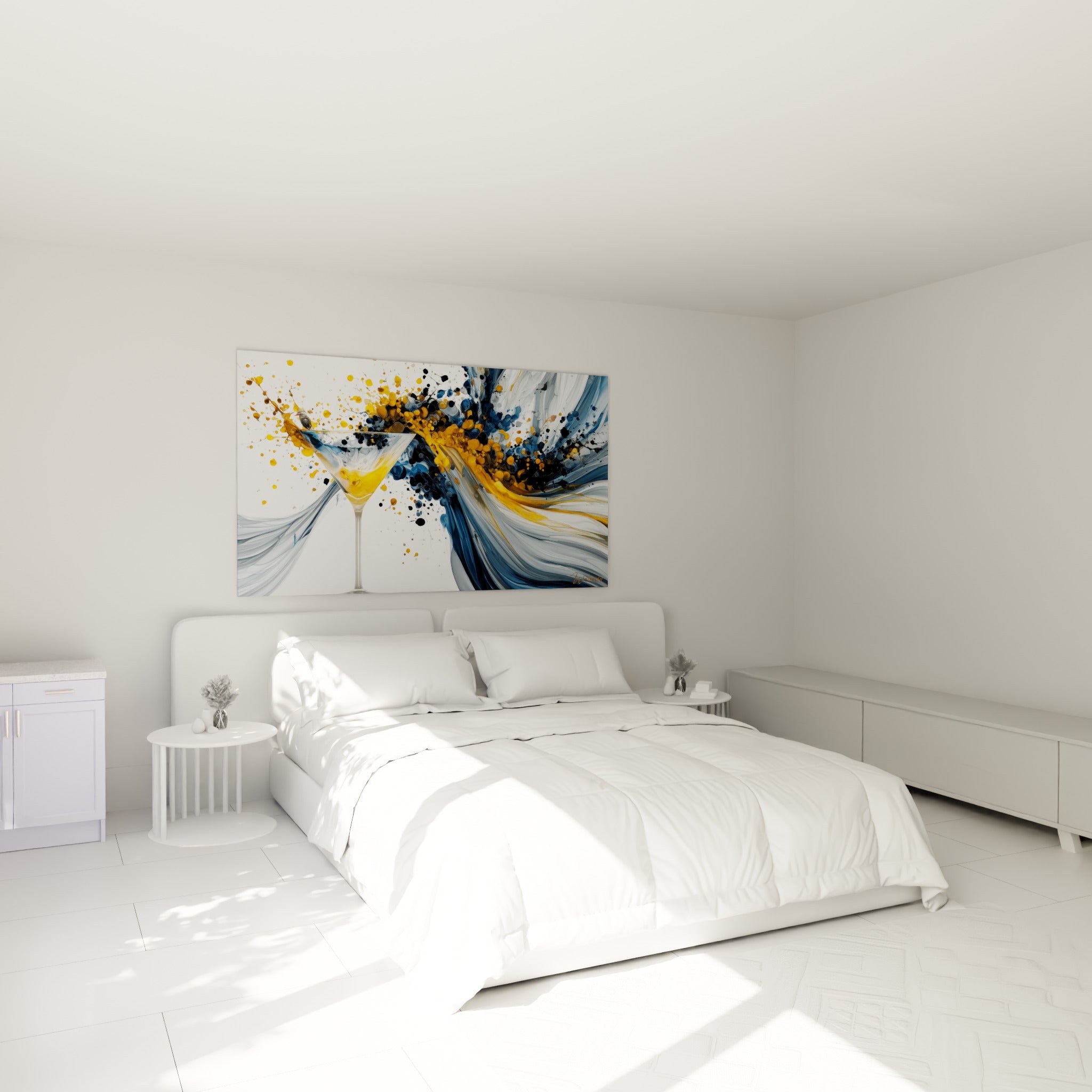 Cocktail doré et bleu marine en pleine explosion picturale, au-dessus d'un lit dans une chambre claire