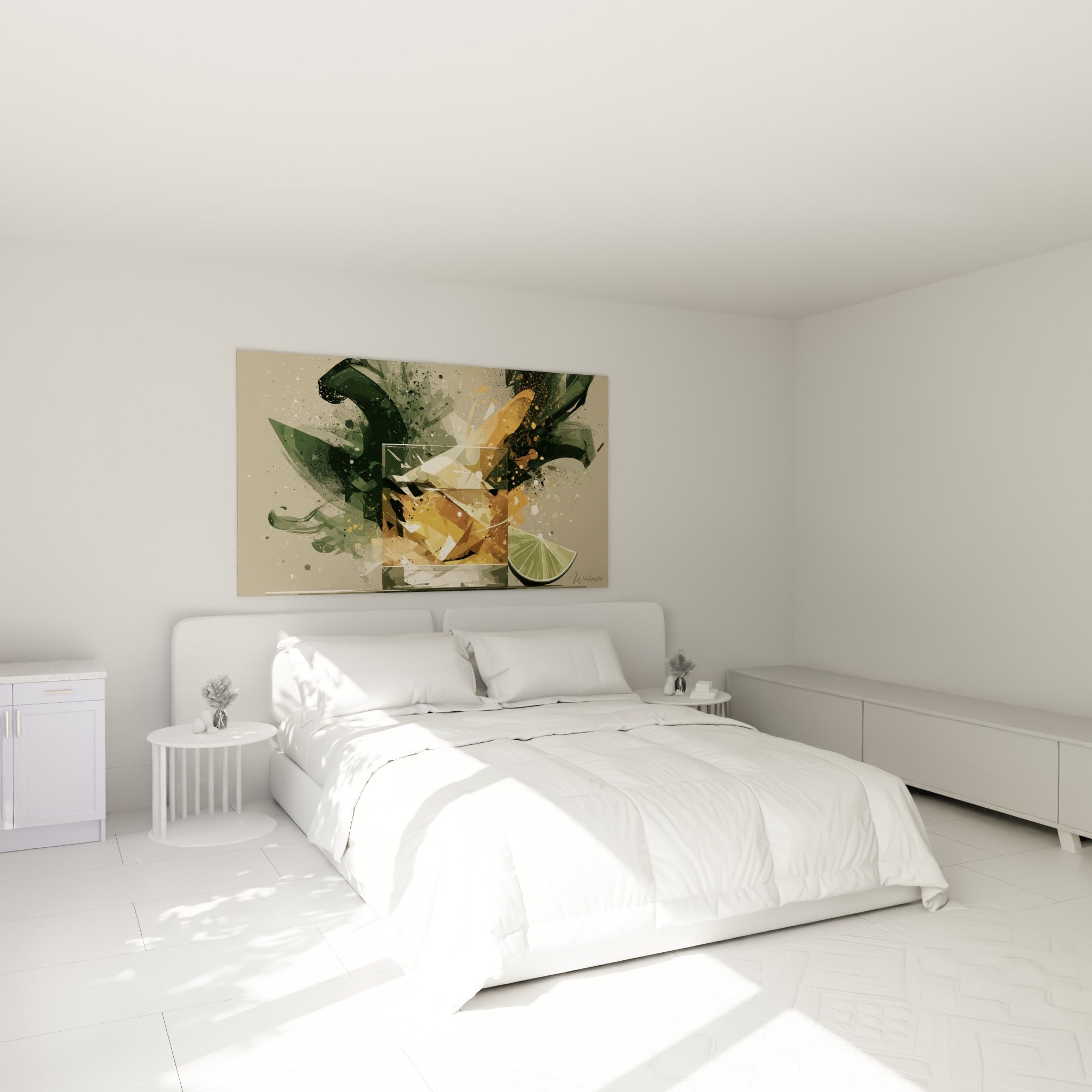 Éclats de verre ambrés et vert kaki d'un cocktail stylisé, au-dessus d'un lit dans une chambre claire