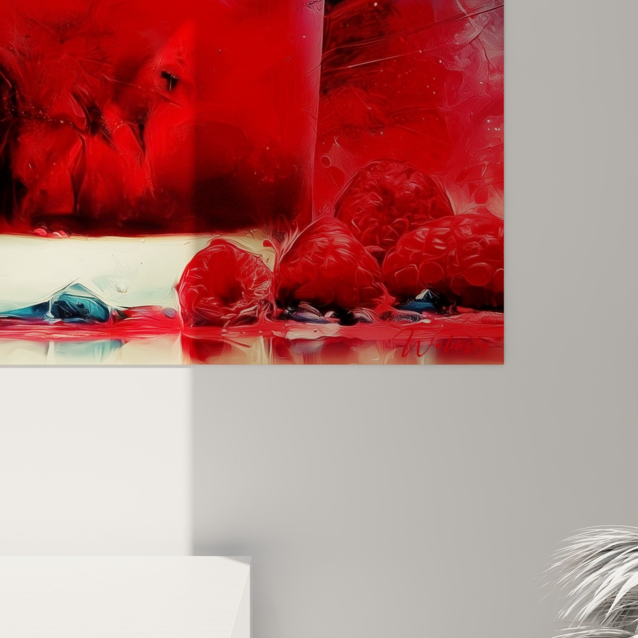 Empâtements rouges et bleu turquoise, coulures de peinture épaisse sur le verre du cocktail