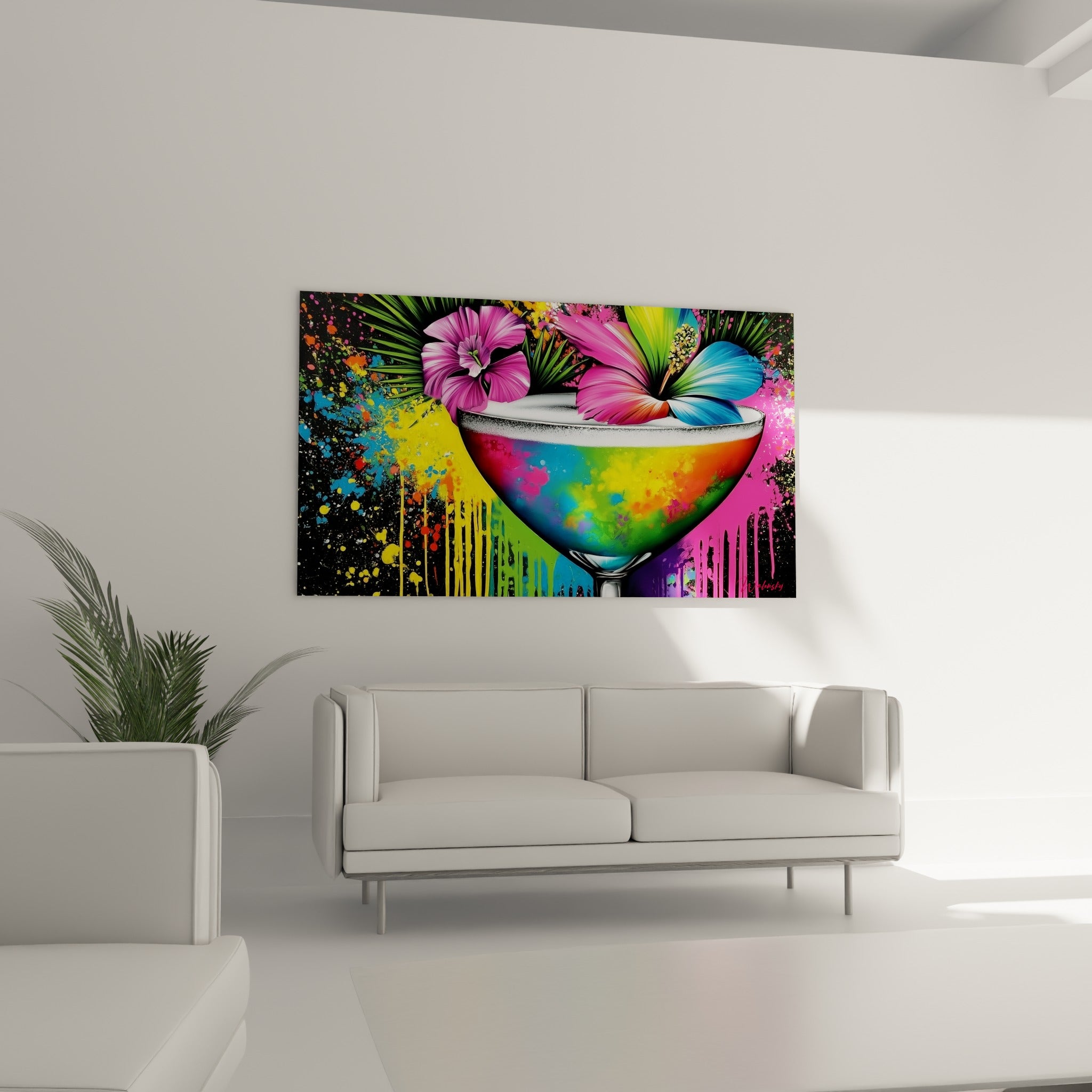 Cocktail arc-en-ciel et pétales fuchsia installés au-dessus d'un canapé dans un salon lumineux