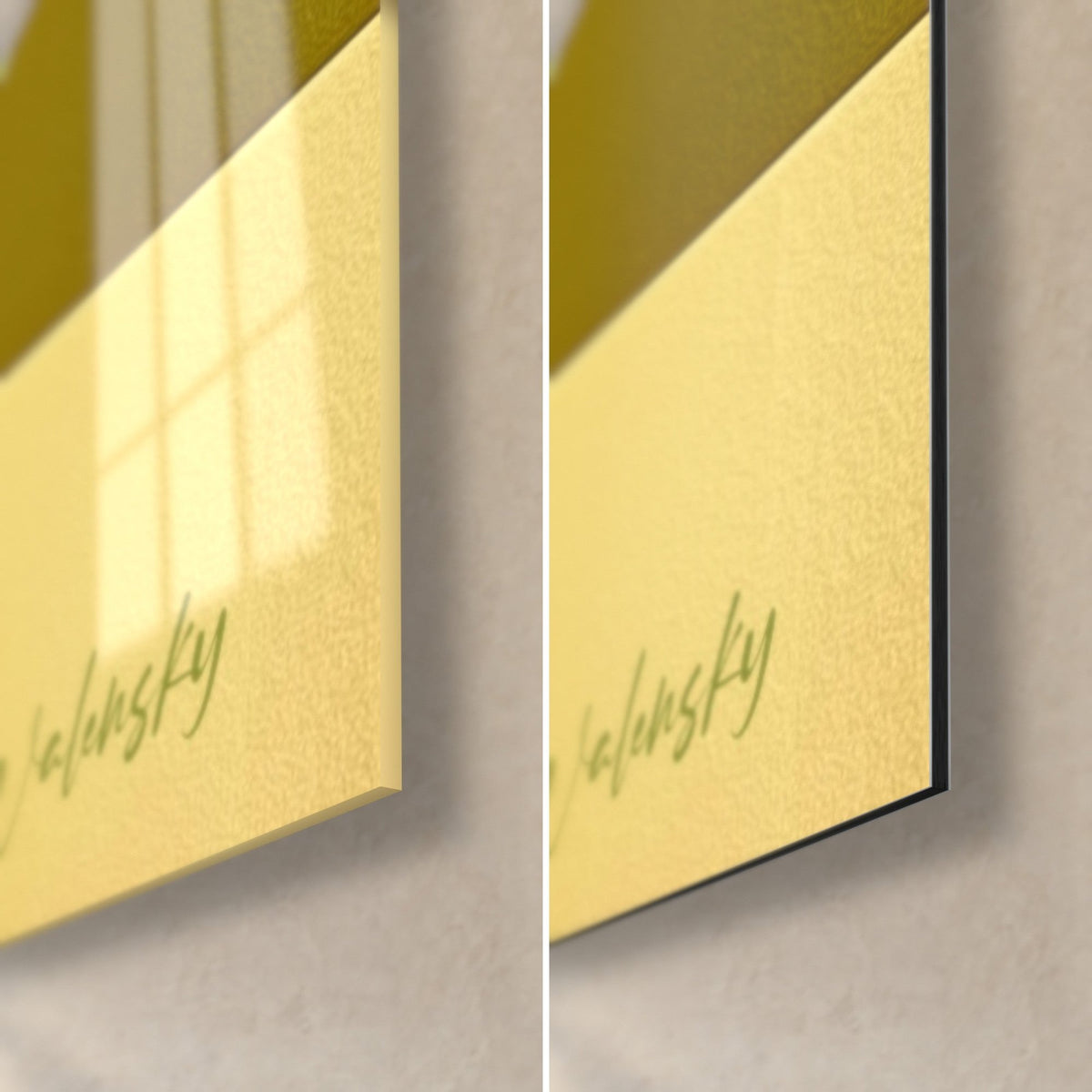 Tableau verres ambrés aux rayons verts, coin bas droit : verre acrylique brillant reflétant la fenêtre, alu Dibond jaune mat, tranche 3 mm