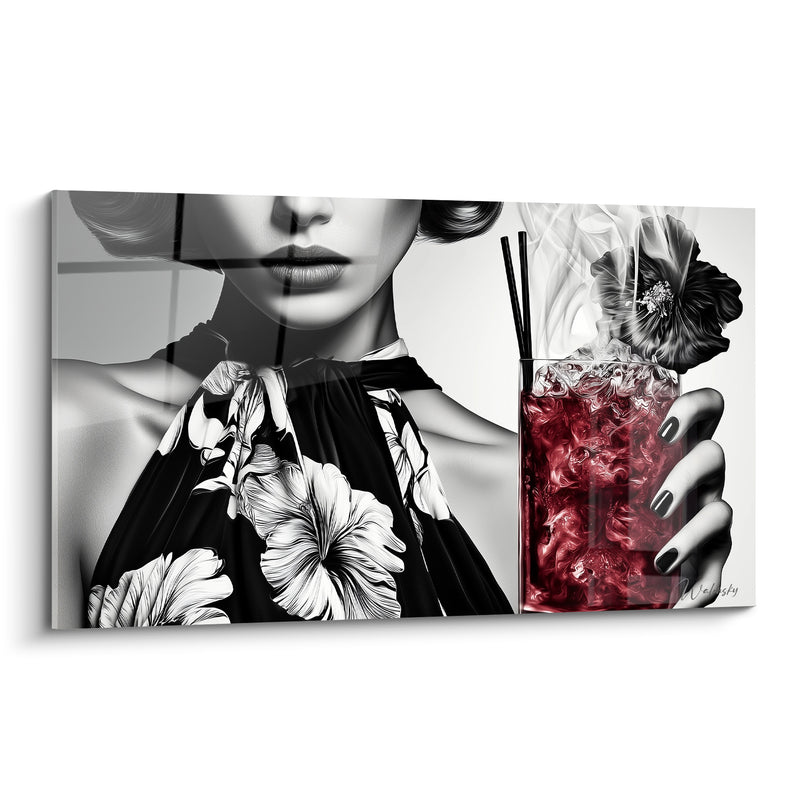 Tableau Femme élégante et cocktail rouge grenat - Soirée sophistiquée - Edition Cocktail
