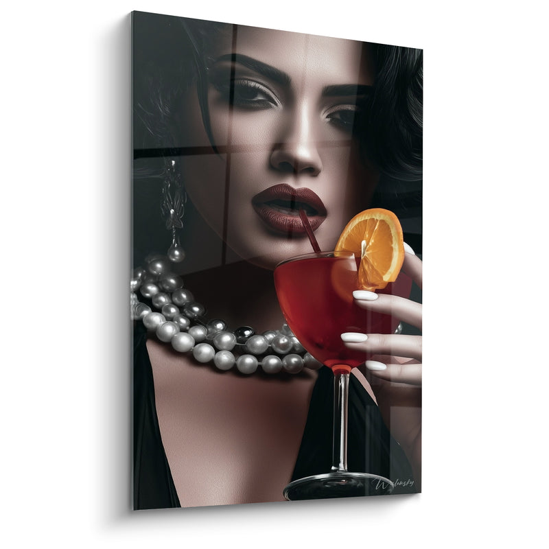 Tableau Femme noir et blanc au cocktail rouge - Soirée mondaine - Edition Cocktail