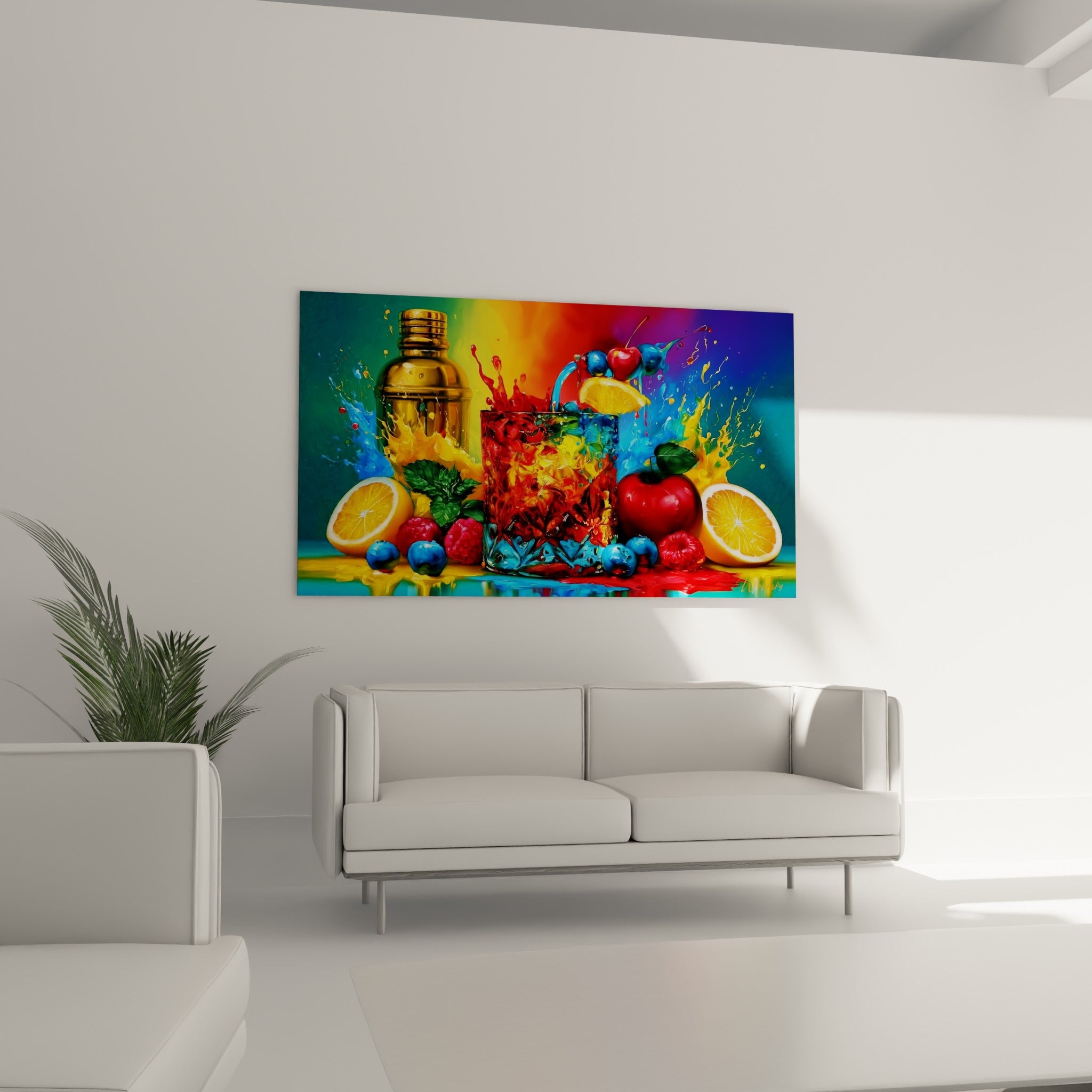 Fruits vibrants et verre cocktail turquoise au-dessus d'un canapé dans un salon lumineux