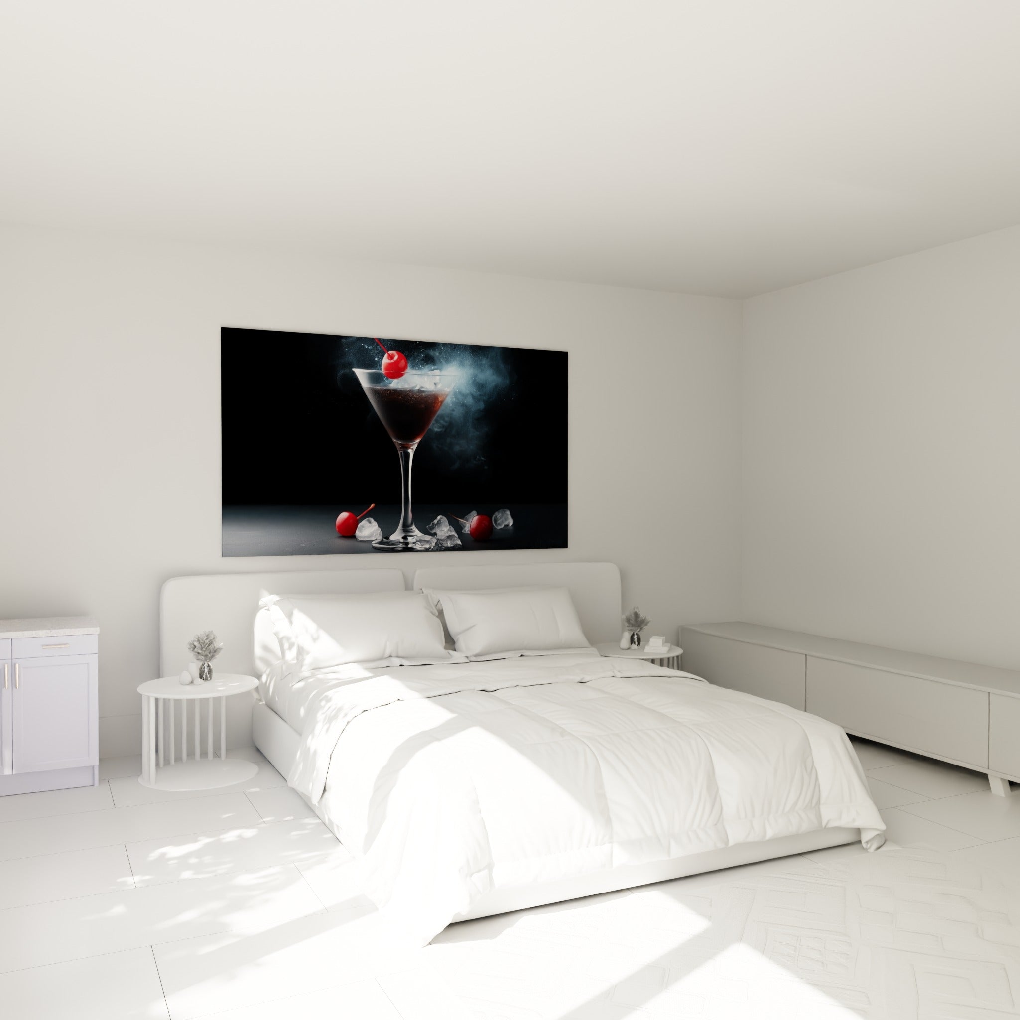 Cocktail brun aux cerises rouges et glace scintillante, au-dessus d'un lit dans une chambre claire