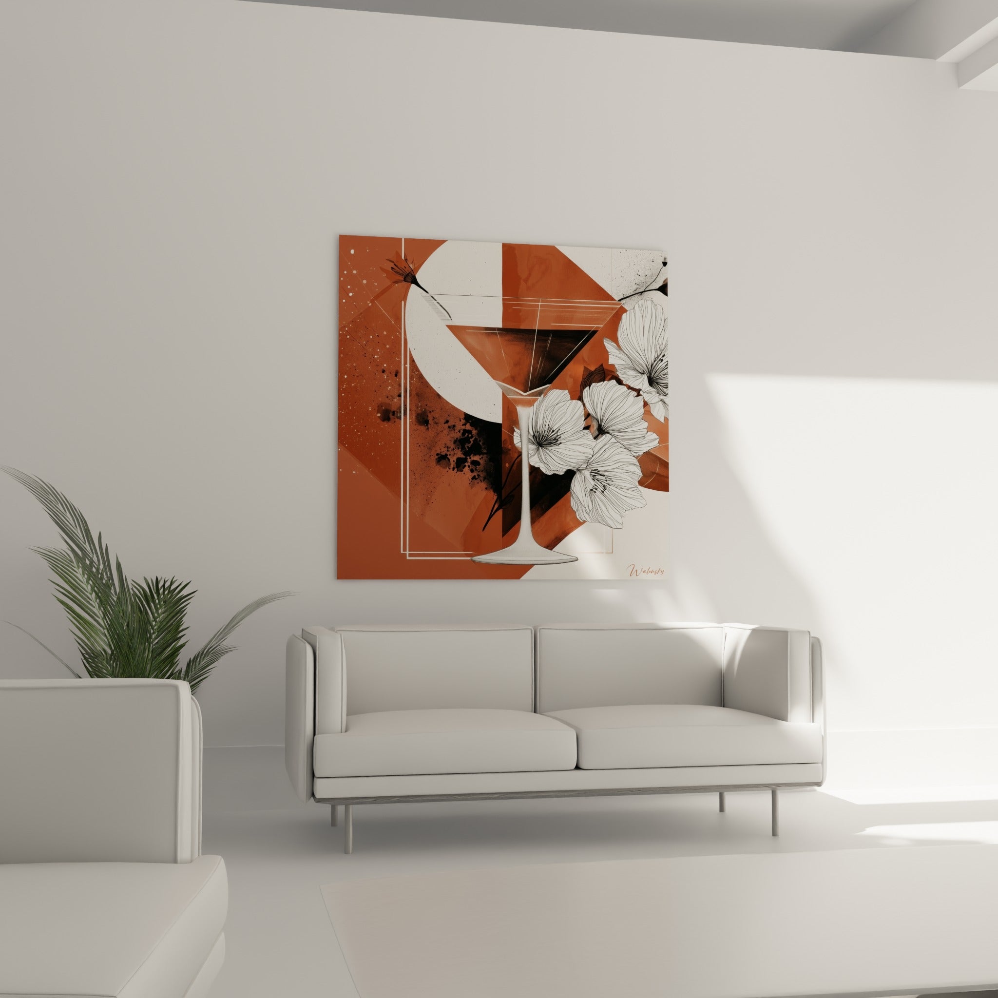 Formes géométriques ocre et florales encadrent ce tableau cocktail au-dessus d'un canapé dans un salon lumineux