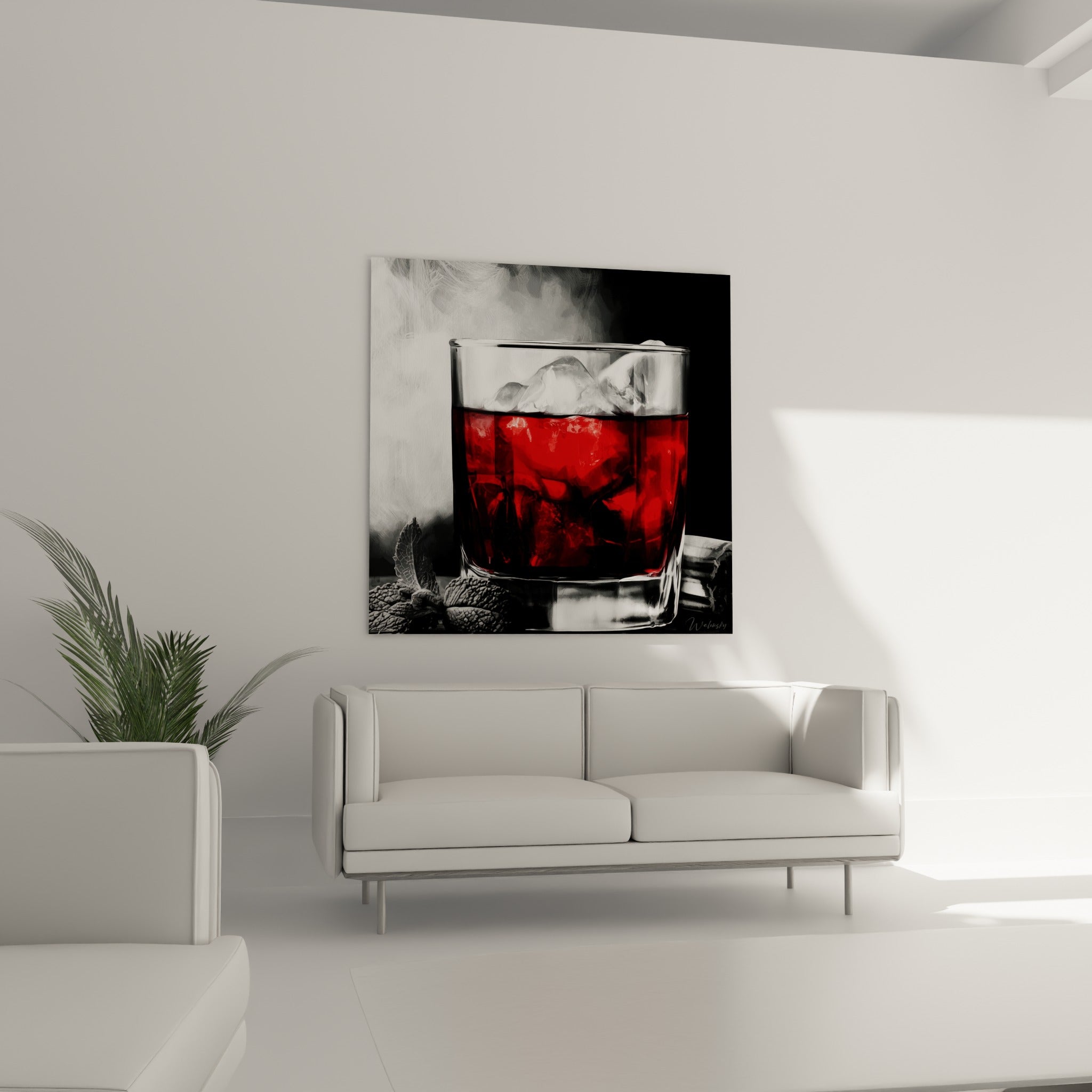 Liquide rouge grenat et glace givrée dans un verre au-dessus d'un canapé dans un salon lumineux