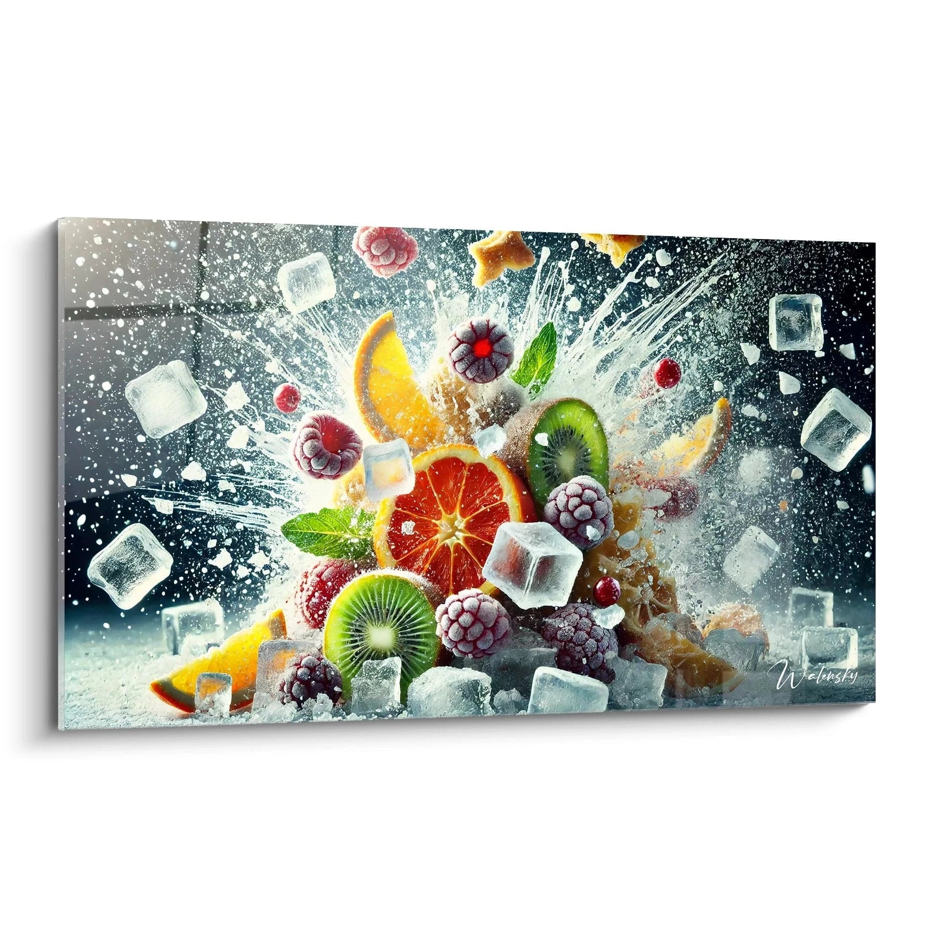 Tableau cuisine représentant une explosion de fruits frais et de glace, avec des oranges, des framboises et des glaçons qui captent la lumière. Les couleurs vives créent une dynamique visuelle rafraîchissante.


