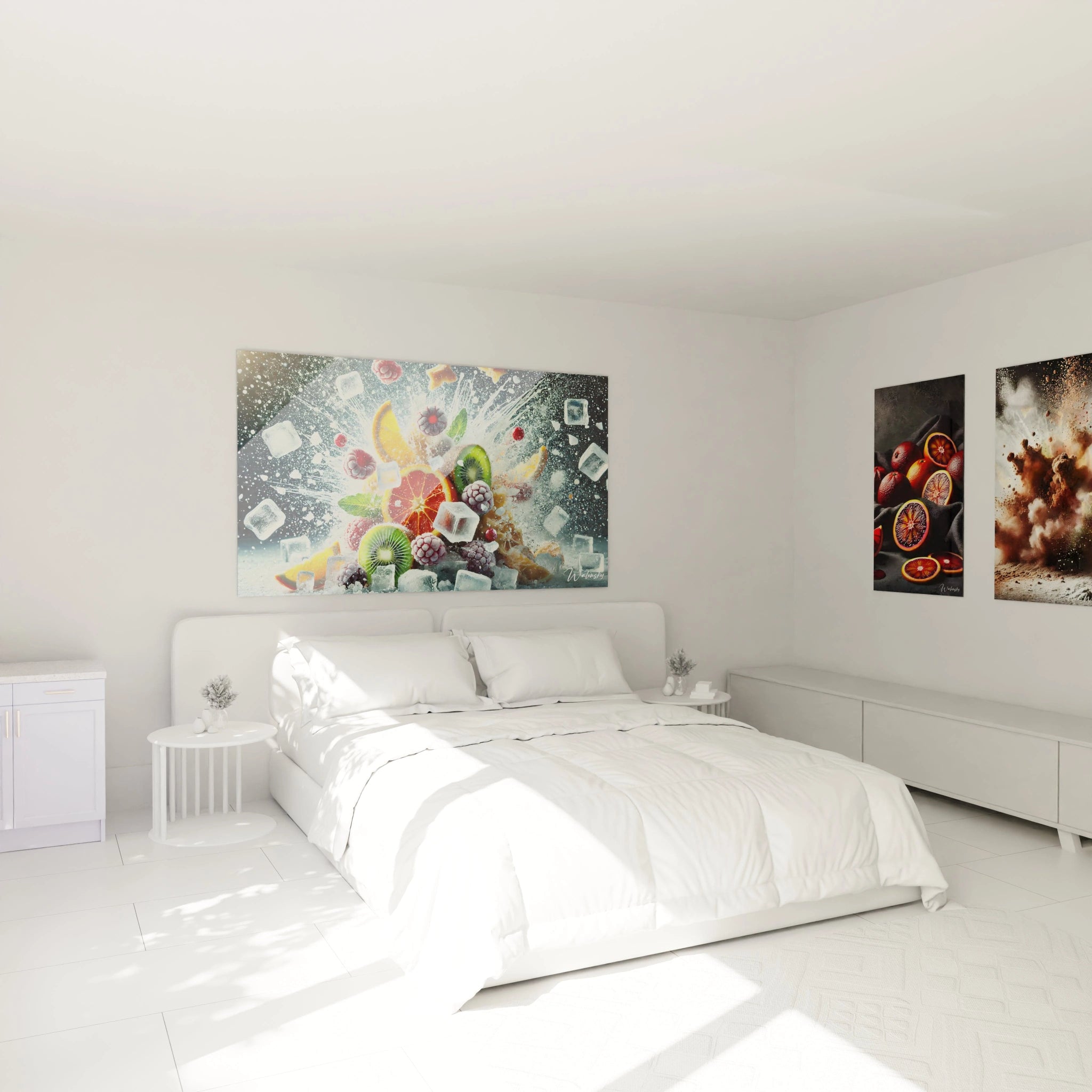 Accroché au-dessus du lit, ce tableau cuisine offre une explosion de couleurs vibrantes avec des fruits et de la glace, créant une atmosphère rafraîchissante et vivante dans la chambre.

