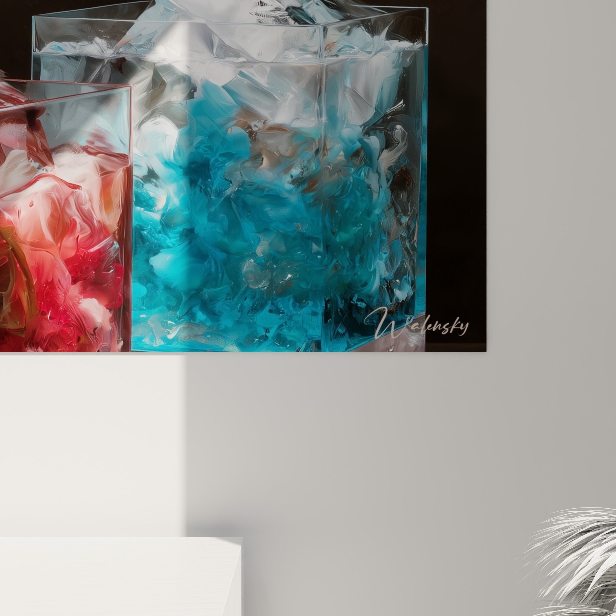 Empâtements de peinture révélant glaçons bleu givré et flamme ambrée en gros plan sur la toile