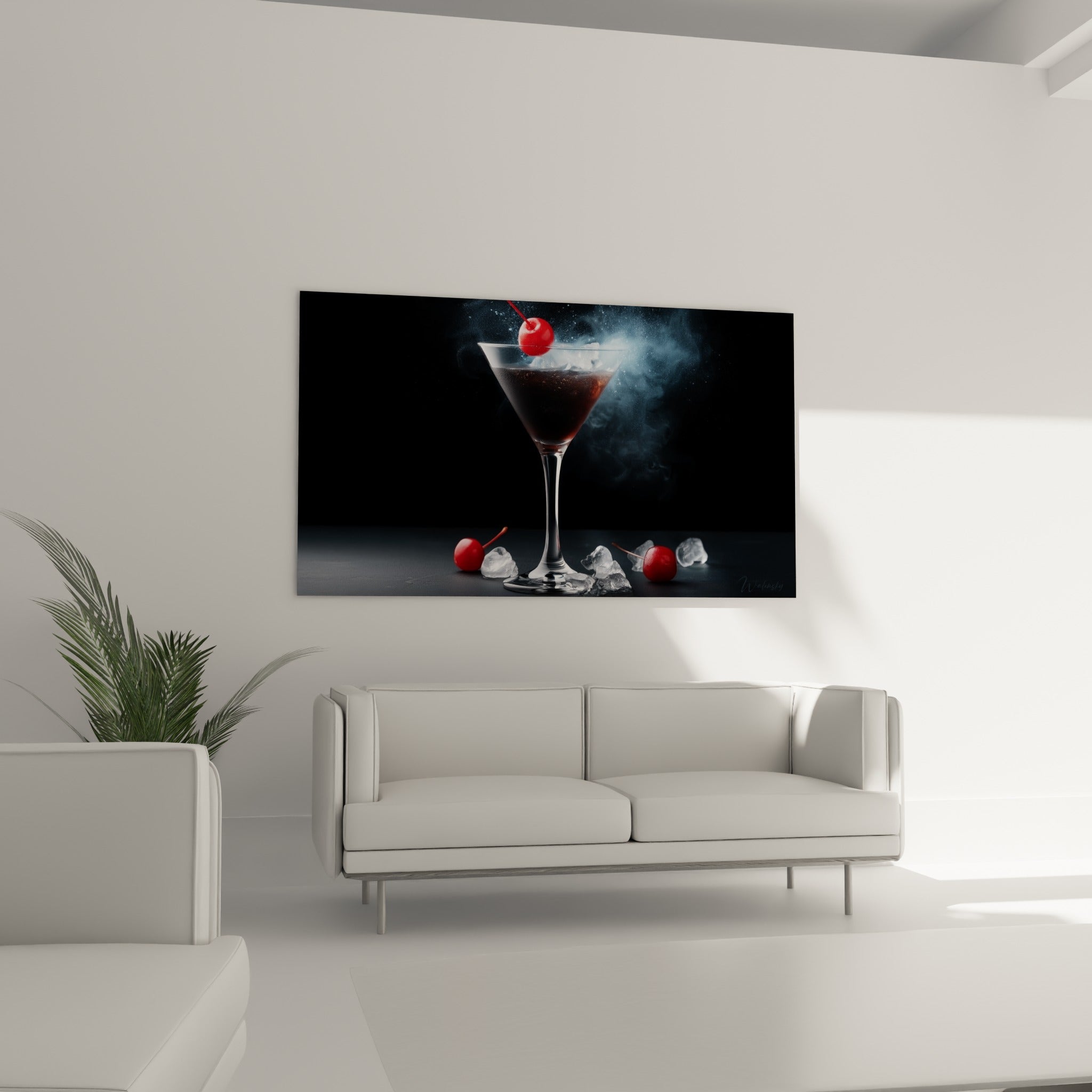Cerises rouges et fumée glacée entourant un verre martini foncé, au-dessus d'un canapé dans un salon lumineux