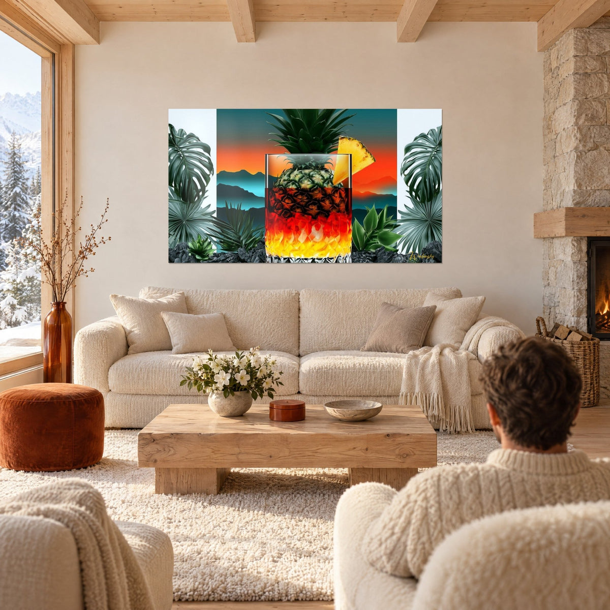Cuadro cóctel ámbar coronado con una piña, cielo naranja y hojas verdes de monstera, encima de un sofá en un salón luminoso