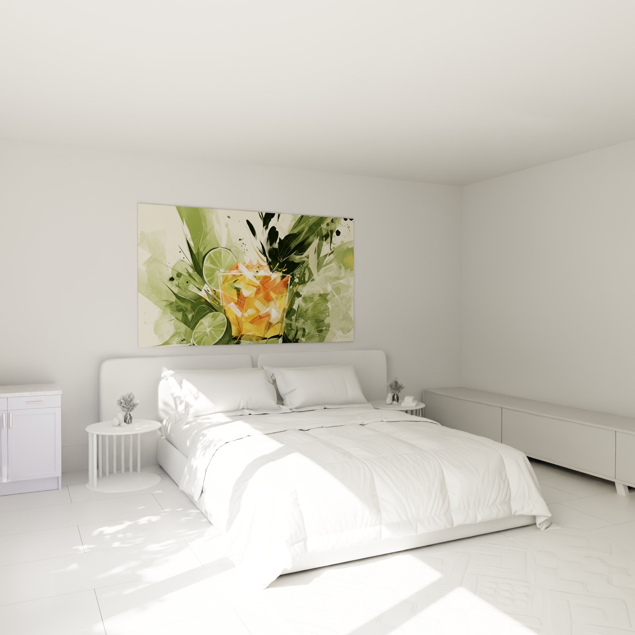 Glaçons orangés et feuillage vert sauge de ce tableau cocktail au-dessus d'un lit dans une chambre claire