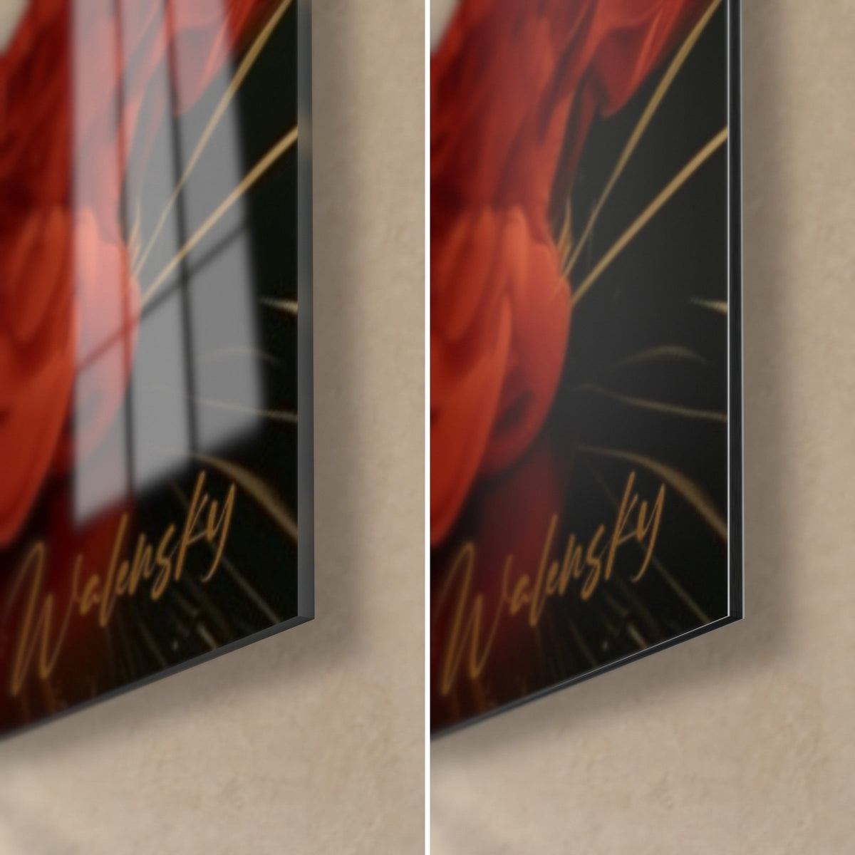 Tableau cocktail ambré, coin bas droit : verre acrylique brillant et reflets à gauche, Dibond noir mat à droite, tranche de 3 mm