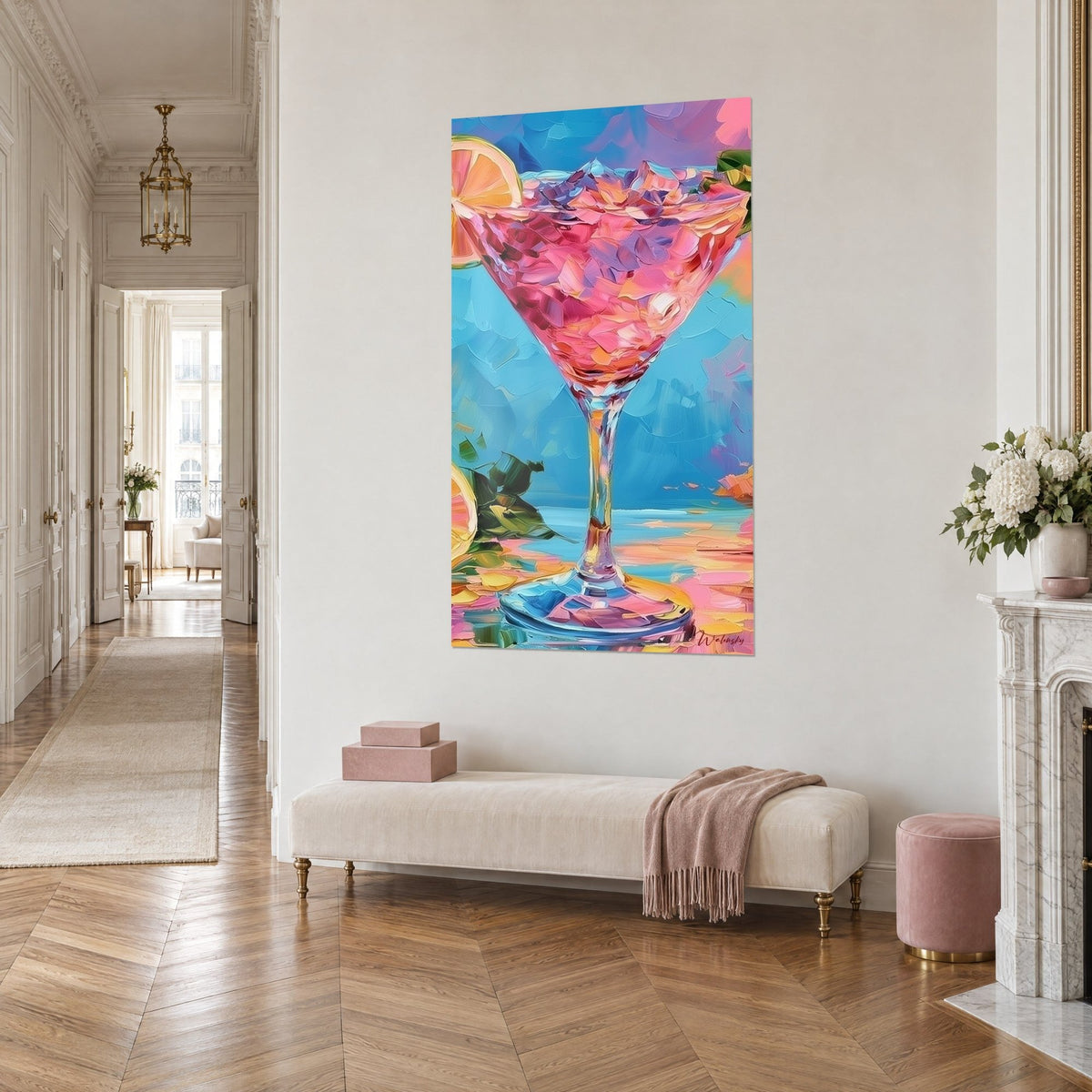 Gemälde Eiscocktail Himbeere und Flieder, kristalliner Stiel in dicken Pinselstrichen, Himmelblau und Rosa, Dreiviertelansicht, helles Salon im Haussmann-Stil