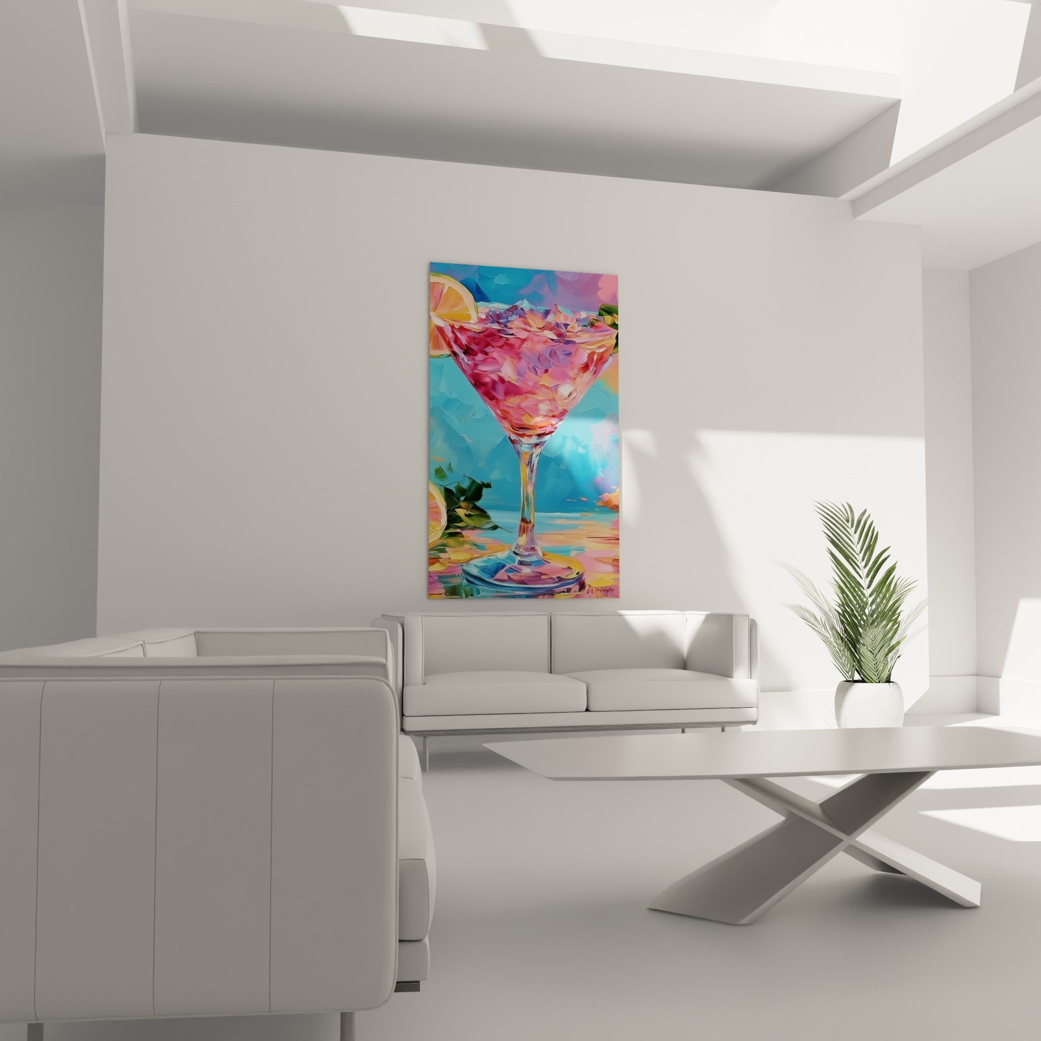 Martini rose et doré sur fond turquoise pastel, citrons jaunes, au-dessus d'un canapé dans un salon lumineux