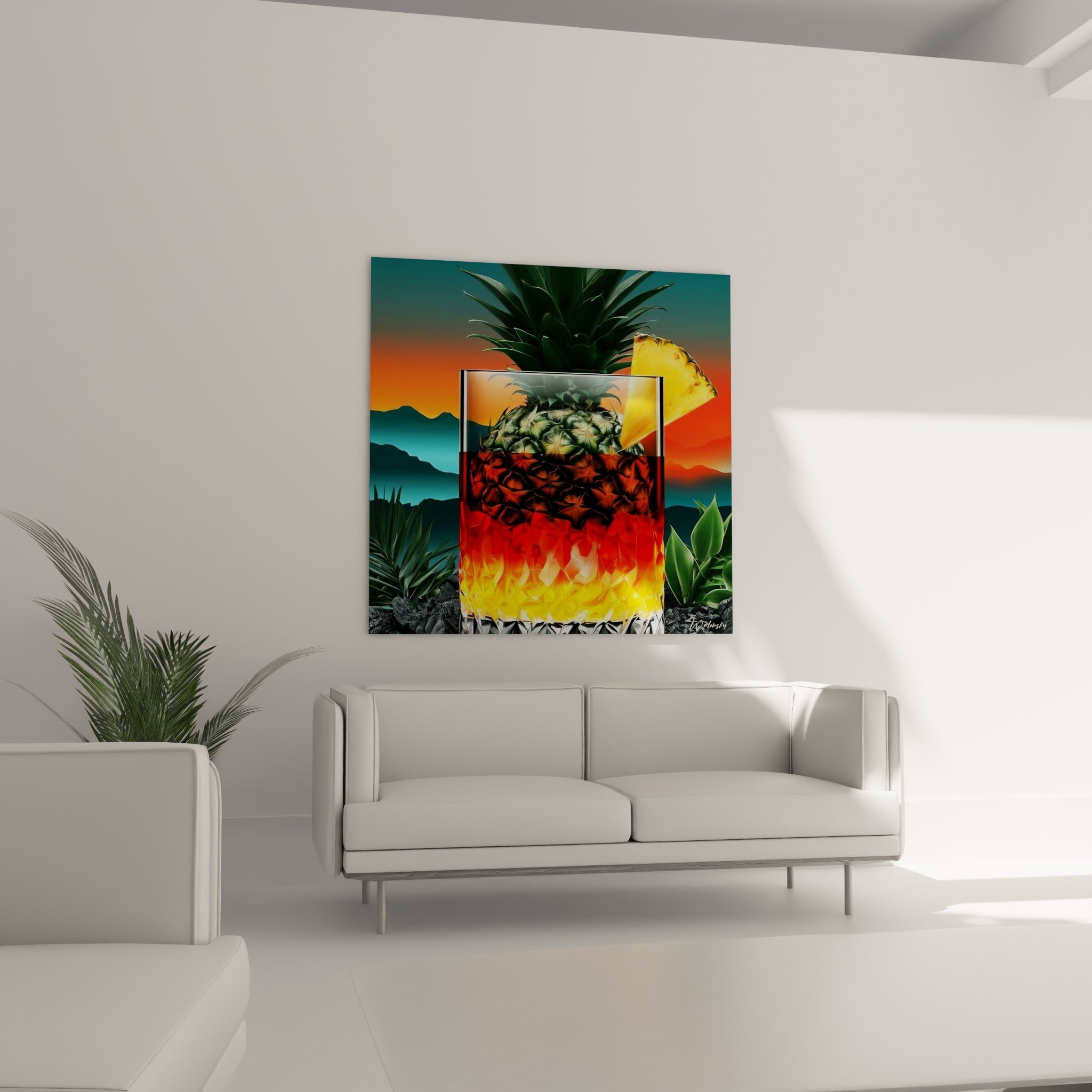 Glaçons rouges et écailles brunes du tableau Cocktail, au-dessus d'un canapé dans un salon lumineux