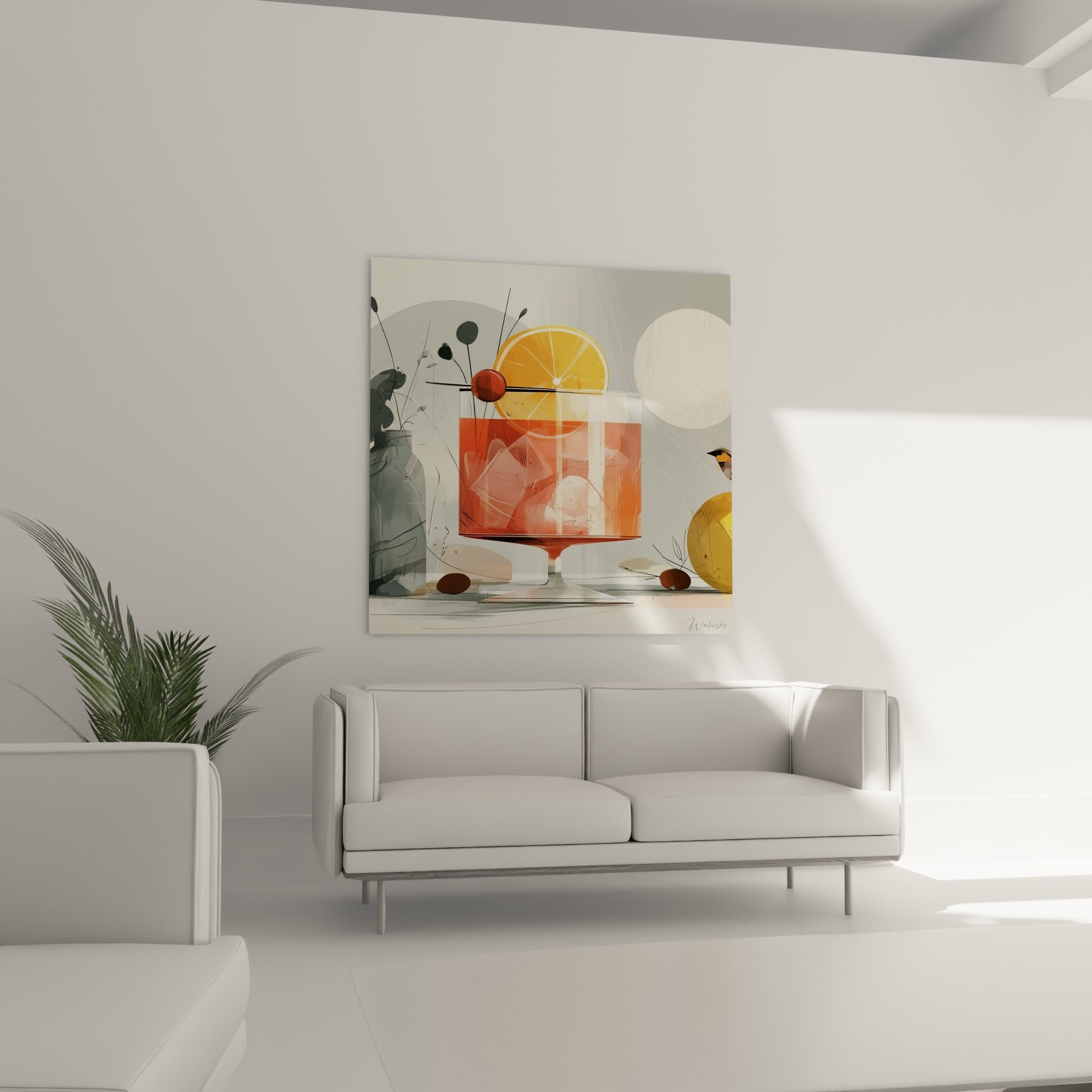 Verre coloré aux glaçons esquissés, orange et gris doux, au-dessus d'un canapé dans un salon lumineux