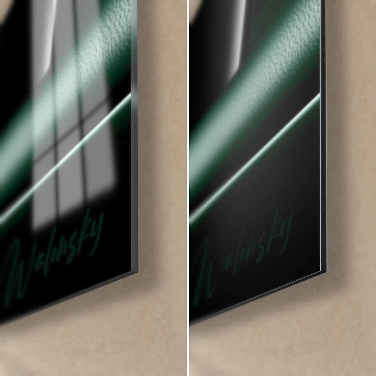 Walensky schilderij met groene handtekening rechtsonder, op glanzend acrylglas links en mat Dibond-aluminium rechts, dikte 3 mm
