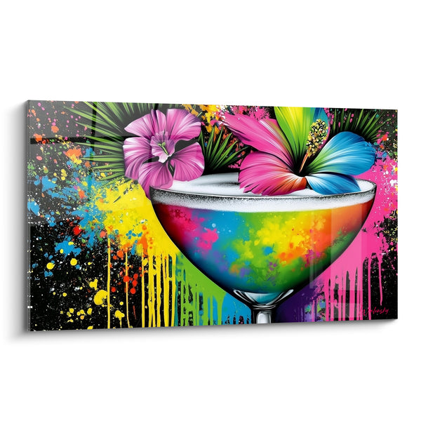 Cocktail Glass Painting with Pink and Blue Flowers - Vibrant Tropical Party - Cocktail Edition